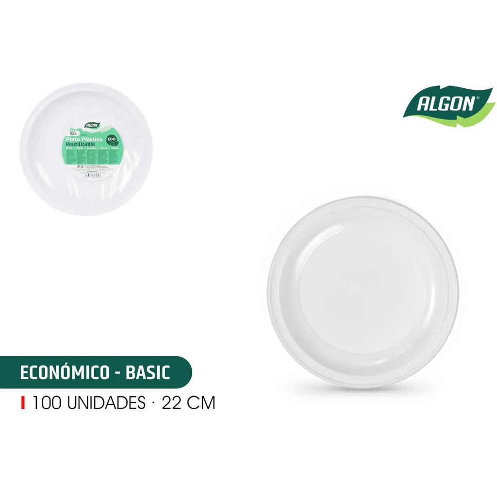Juego de vajilla Algon, 100 unidades, 22 cm, cartón ecológico blanco, resistente y práctico, ideal para eventos y celebraciones, biodegradable.