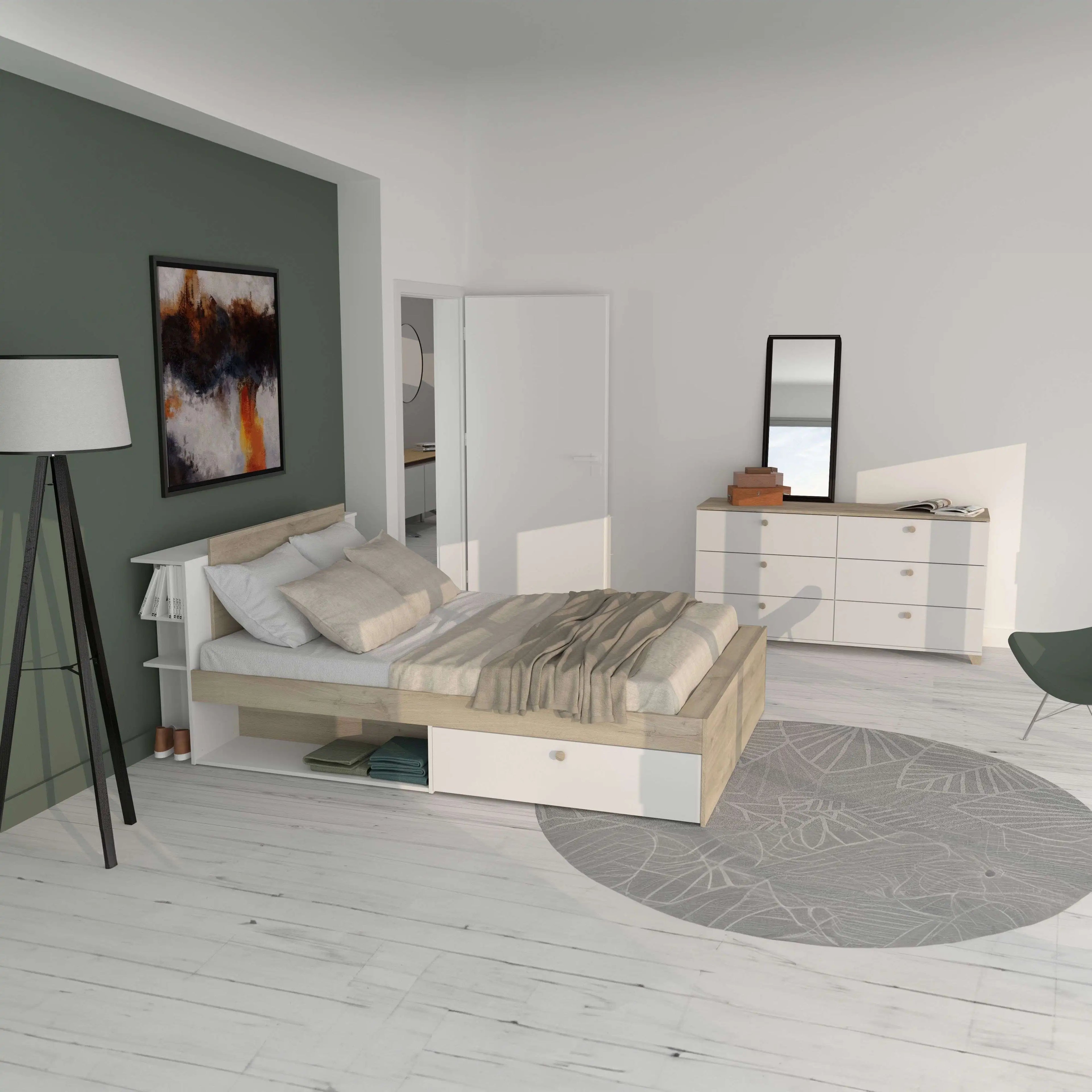 Cómoda Izzy en blanco mate y roble Kronberg, 150x77cm, estilo nórdico para dormitorio.
