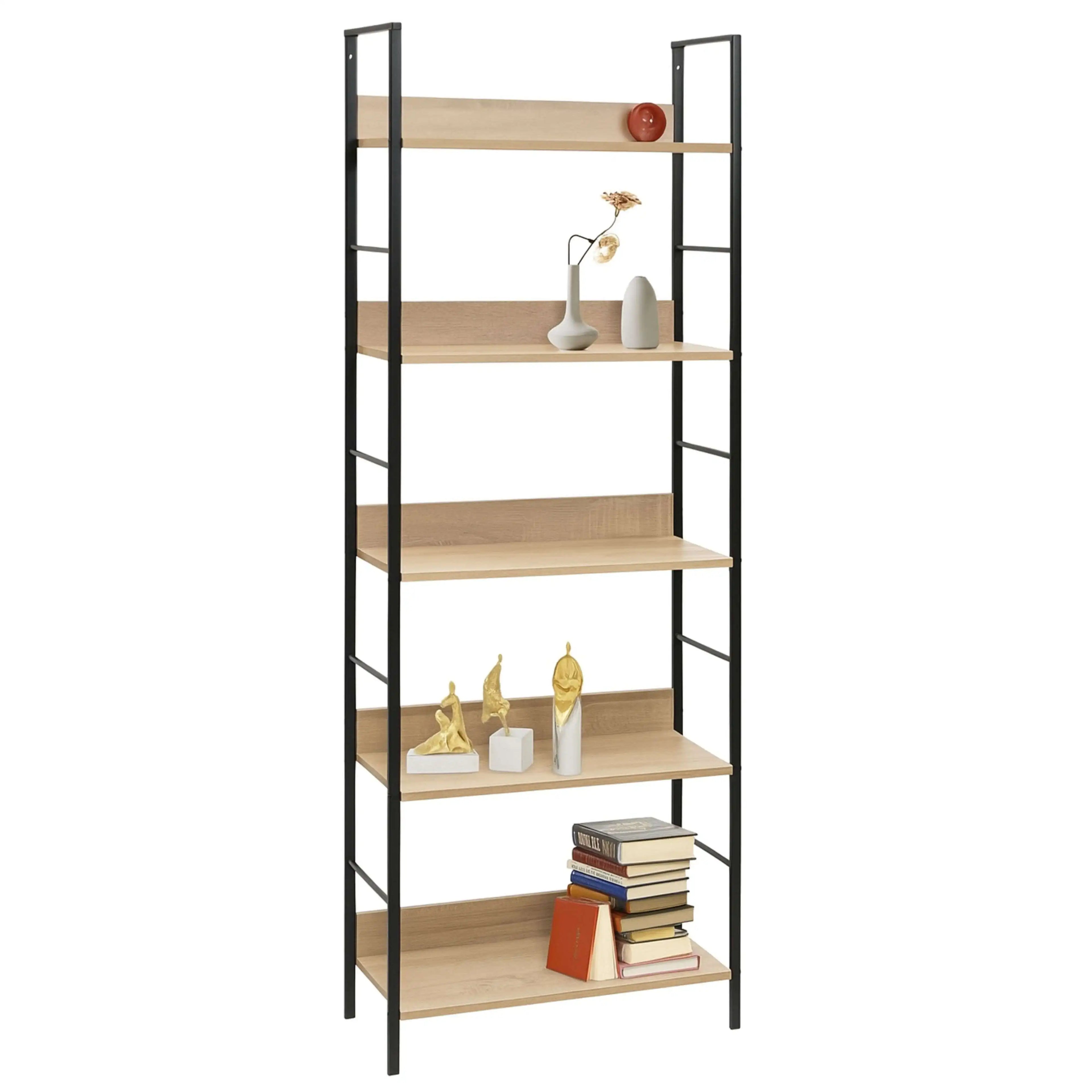 Librería Miroytengo Rubi con 5 baldas, roble cambriano y negro, 60x160x28 cm, fabricada en melamina y metal para una solución de almacenamiento moderna en la oficina o el salón.