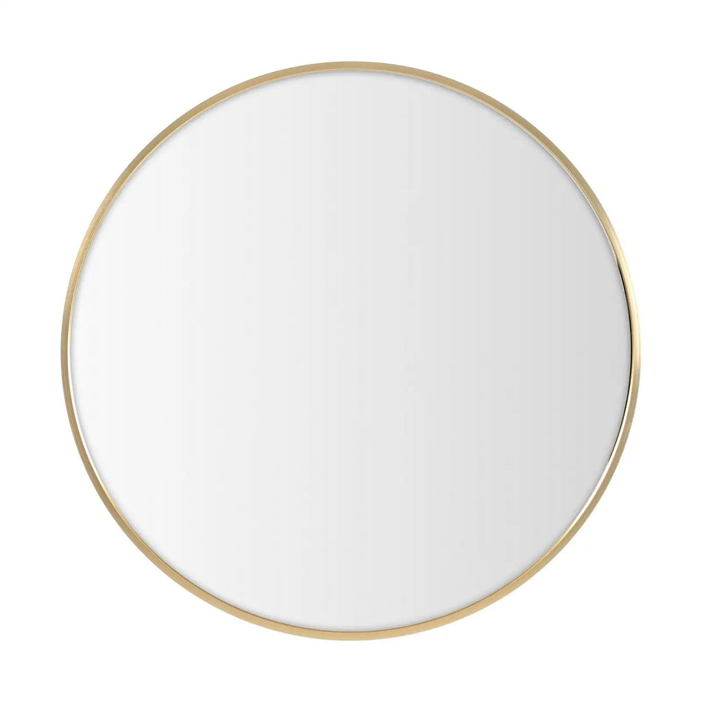 Espejo de pared redondo de aluminio Lolahome de 60 cm de diámetro en color dorado o negro, ideal para cualquier estilo de decoración. Presenta un diseño elegante, 2,8 cm de profundidad y un peso ligero de 3,5 kg, perfecto para iluminar espacios con elegan