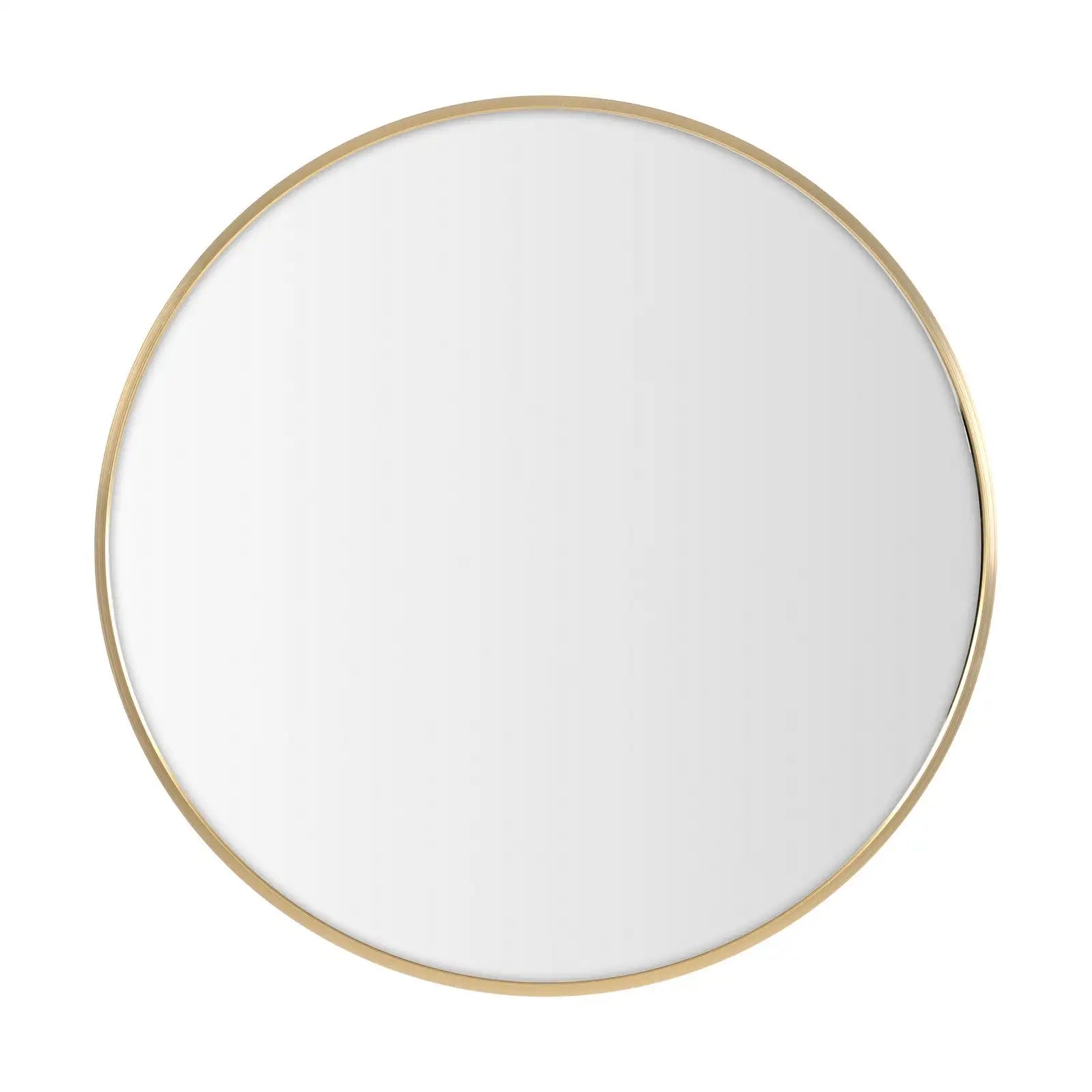 Espejo de pared redondo de aluminio Lolahome de 60 cm de diámetro en color dorado o negro, ideal para cualquier estilo de decoración. Presenta un diseño elegante, 2,8 cm de profundidad y un peso ligero de 3,5 kg, perfecto para iluminar espacios con elegan