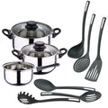 Juego de ollas y sartenes Well Home de 8 piezas en acero inoxidable con 6 utensilios de cocina de PBT, mangos ergonómicos, compatible con inducción, diseño antiadherente, ideal para todo tipo de cocinas.