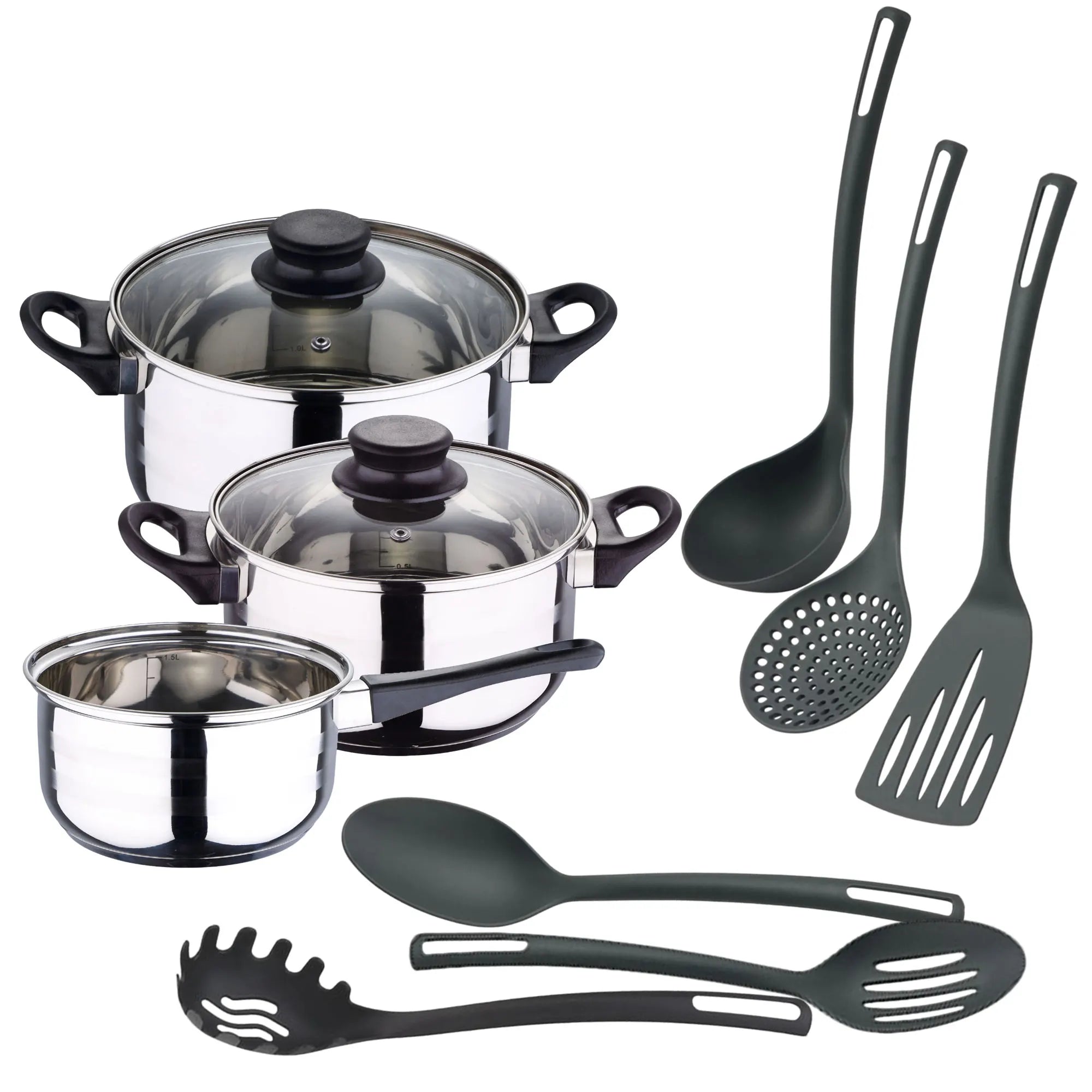 Juego de ollas y sartenes Well Home de 8 piezas en acero inoxidable con 6 utensilios de cocina de PBT, mangos ergonómicos, compatible con inducción, diseño antiadherente, ideal para todo tipo de cocinas.