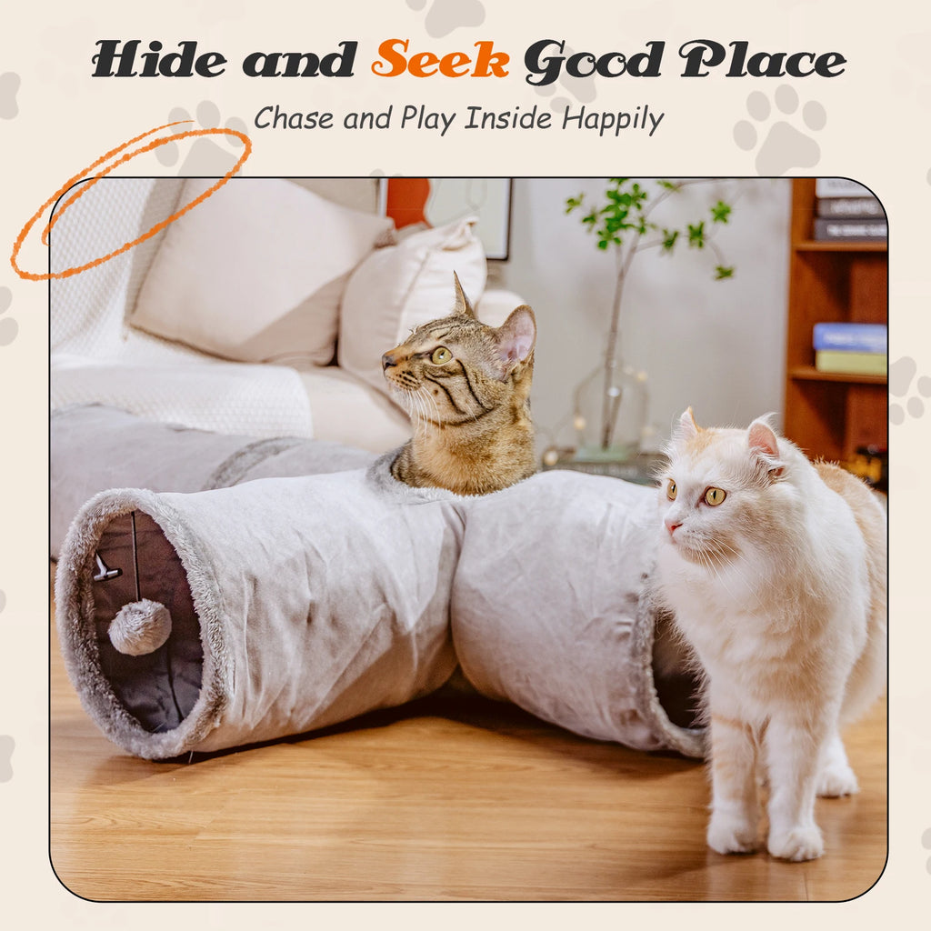 Nobleza - túnel para gatos de gamuza, túnel interior de 3 vías con 1 orificio y juguetes colgantes para gatos con forma de bola, color gris.