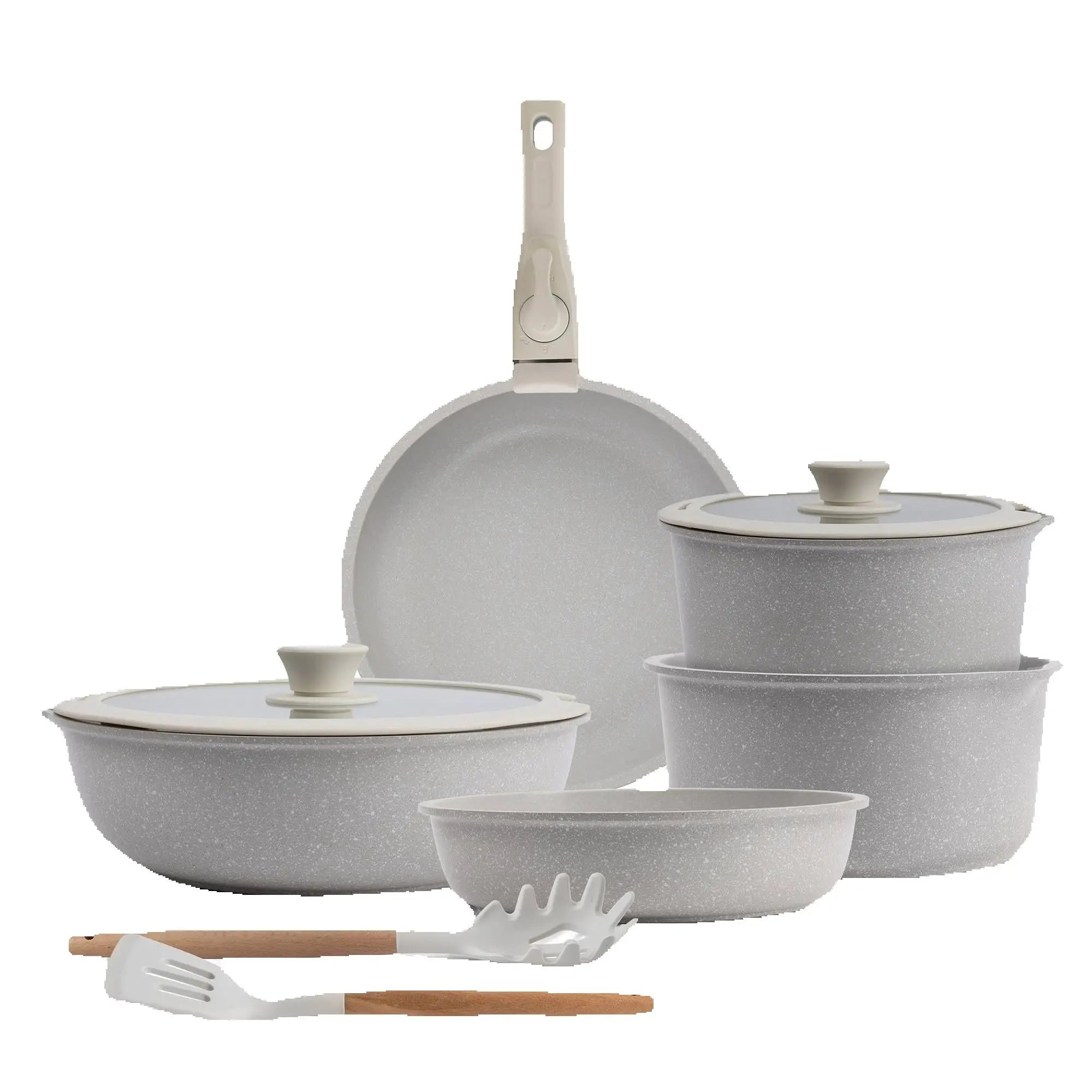 10 piezas, color beige/con mango extraíble: 3 sartenes, 2 ollas, tapas y utensilios + delantal de cocina gris oscuro, 100% algodón, 75x80cm.