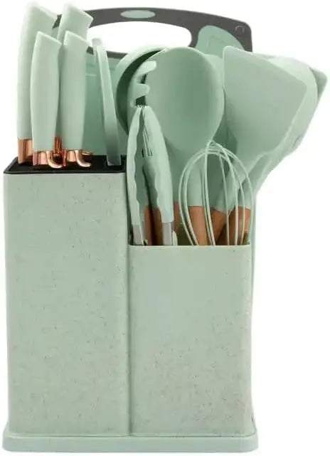 Juego de utensilios de cocina de silicona Onfeng of2328 - 19 piezas, incluye 5 cuchillos versátiles, tijeras, pinzas, tabla de cortar y 10 accesorios antiadherentes (verde claro). Regalo para el Día de la Madre.