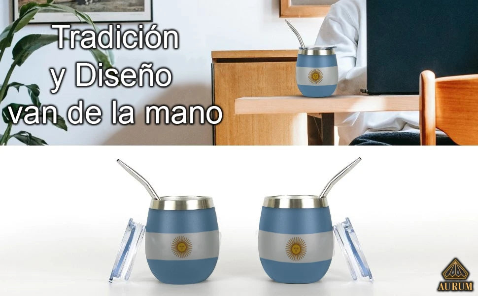 Aurum® Mate Argentino, set moderno completo con yerba mate, bombilla y calabaza, con termo de acero inoxidable para agua caliente. Ideal para disfrutar del mate tradicional en cualquier lugar, perfecto para compartir.
