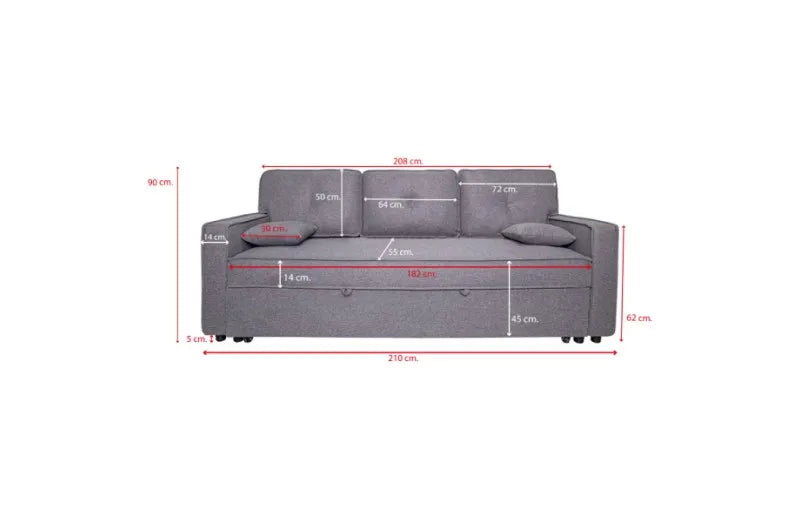 El sofá cama Dax en color gris, un cómodo y elegante sofá de 3 plazas con estructura de madera, relleno de espuma y sistema de apertura de la cama inferior extraíble, incluye dos cojines decorativos de 30x30 cm, ideal para salones modernos.