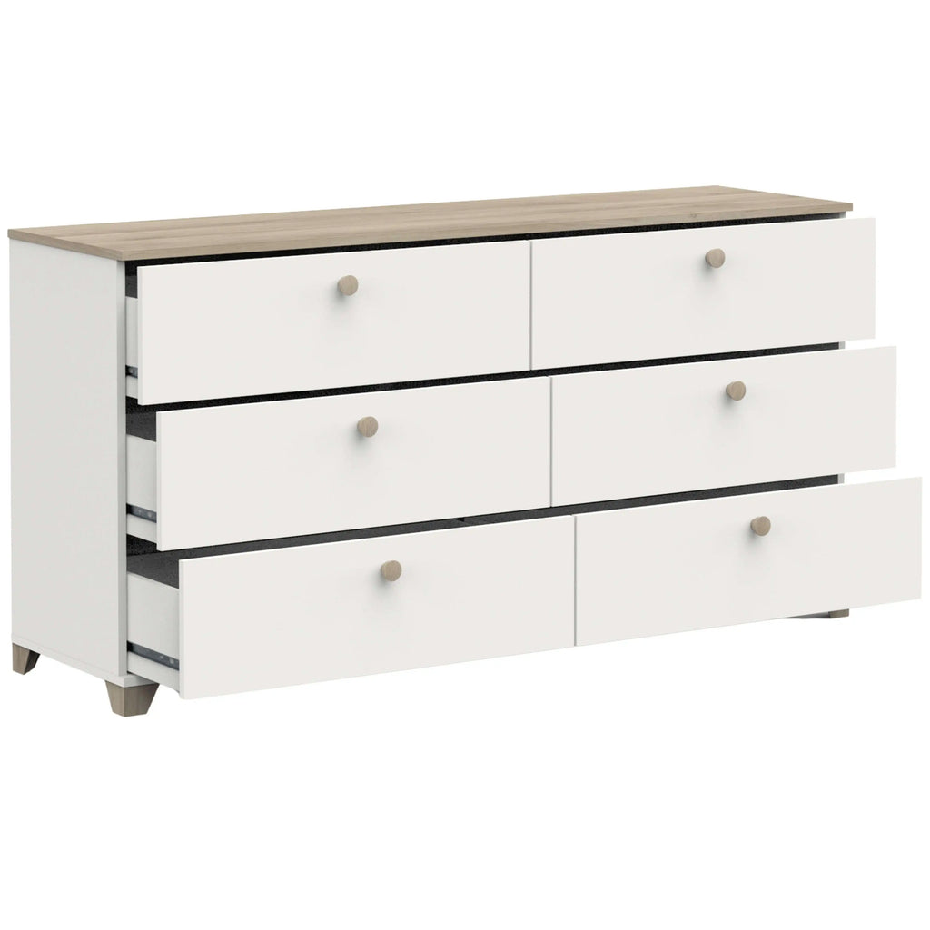Cómoda Izzy en blanco mate y roble Kronberg, 150x77cm, estilo nórdico para dormitorio.