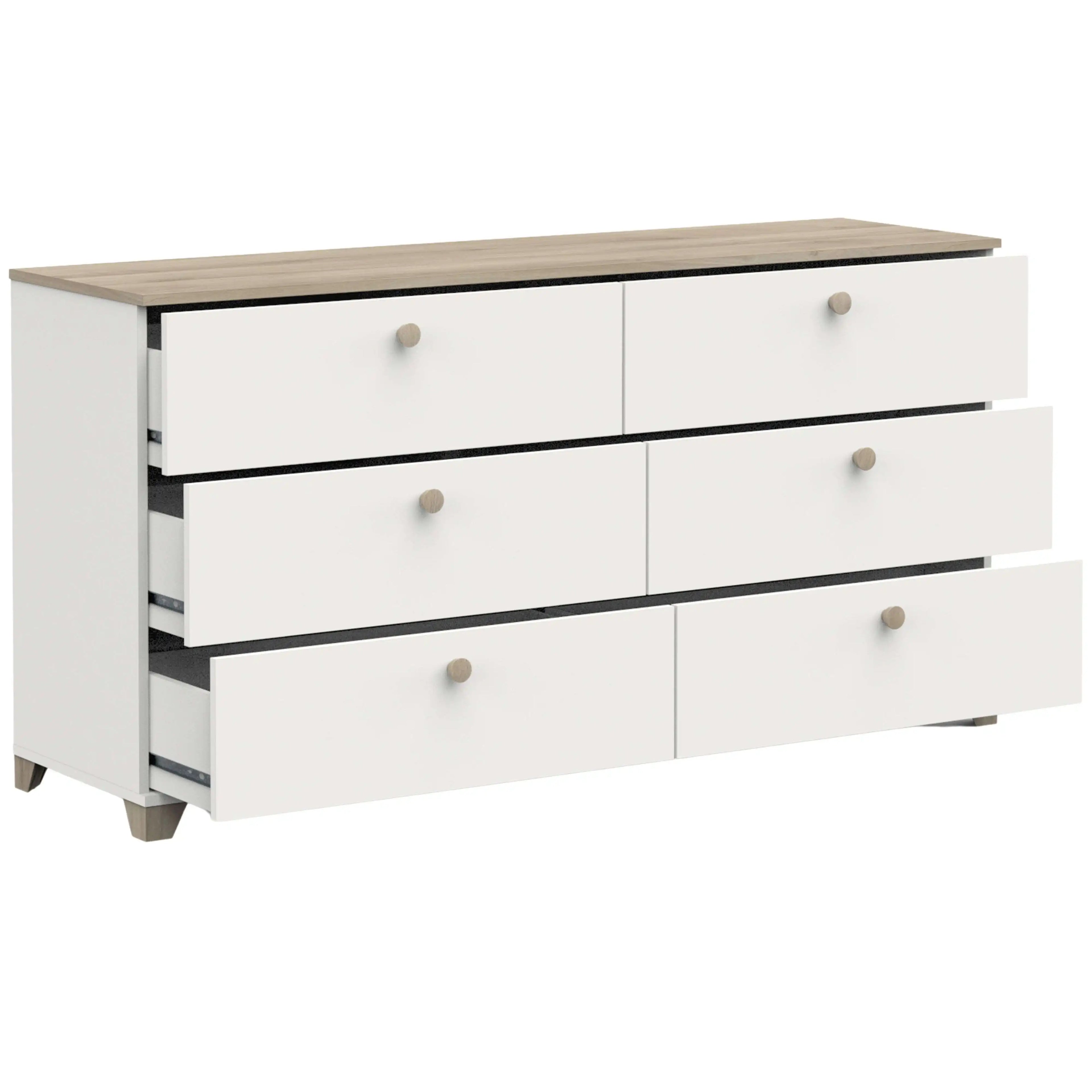 Cómoda Izzy en blanco mate y roble Kronberg, 150x77cm, estilo nórdico para dormitorio.
