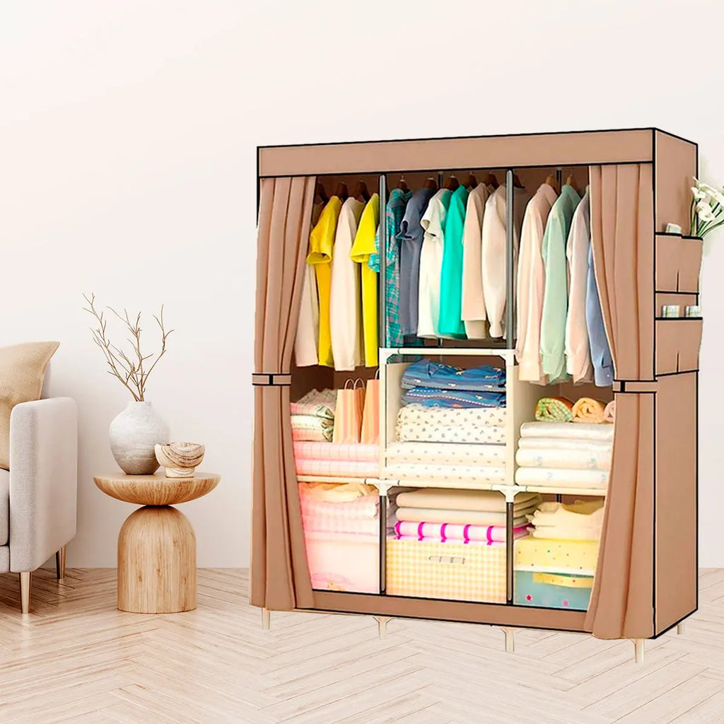 Armario de tela Nyana con bolsillos laterales y barra para colgar ropa: fácil montaje, gran capacidad con 6 compartimentos para 15/20 prendas, fabricado en acero galvanizado y tela no tejida, ideal para el almacenamiento y la organización del dormitorio.
