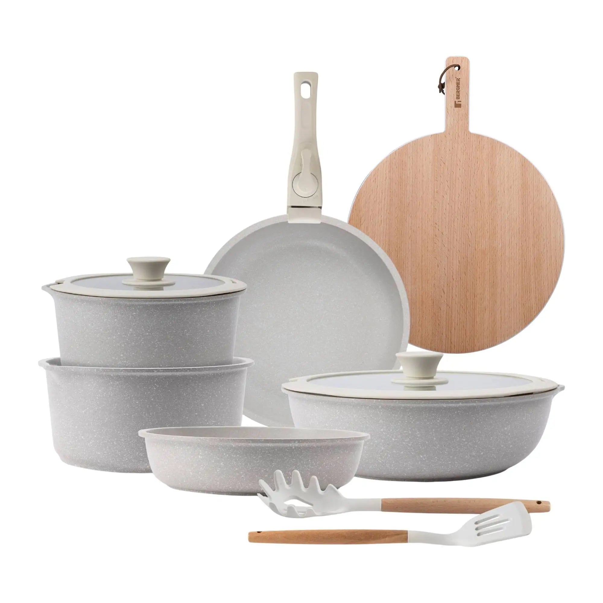 10 piezas, color beige/con mango extraíble: 3 sartenes, 2 ollas, tapas y utensilios + delantal de cocina gris oscuro, 100% algodón, 75x80cm.