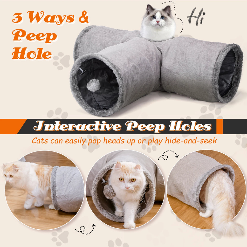 Nobleza - túnel para gatos de gamuza, túnel interior de 3 vías con 1 orificio y juguetes colgantes para gatos con forma de bola, color gris.
