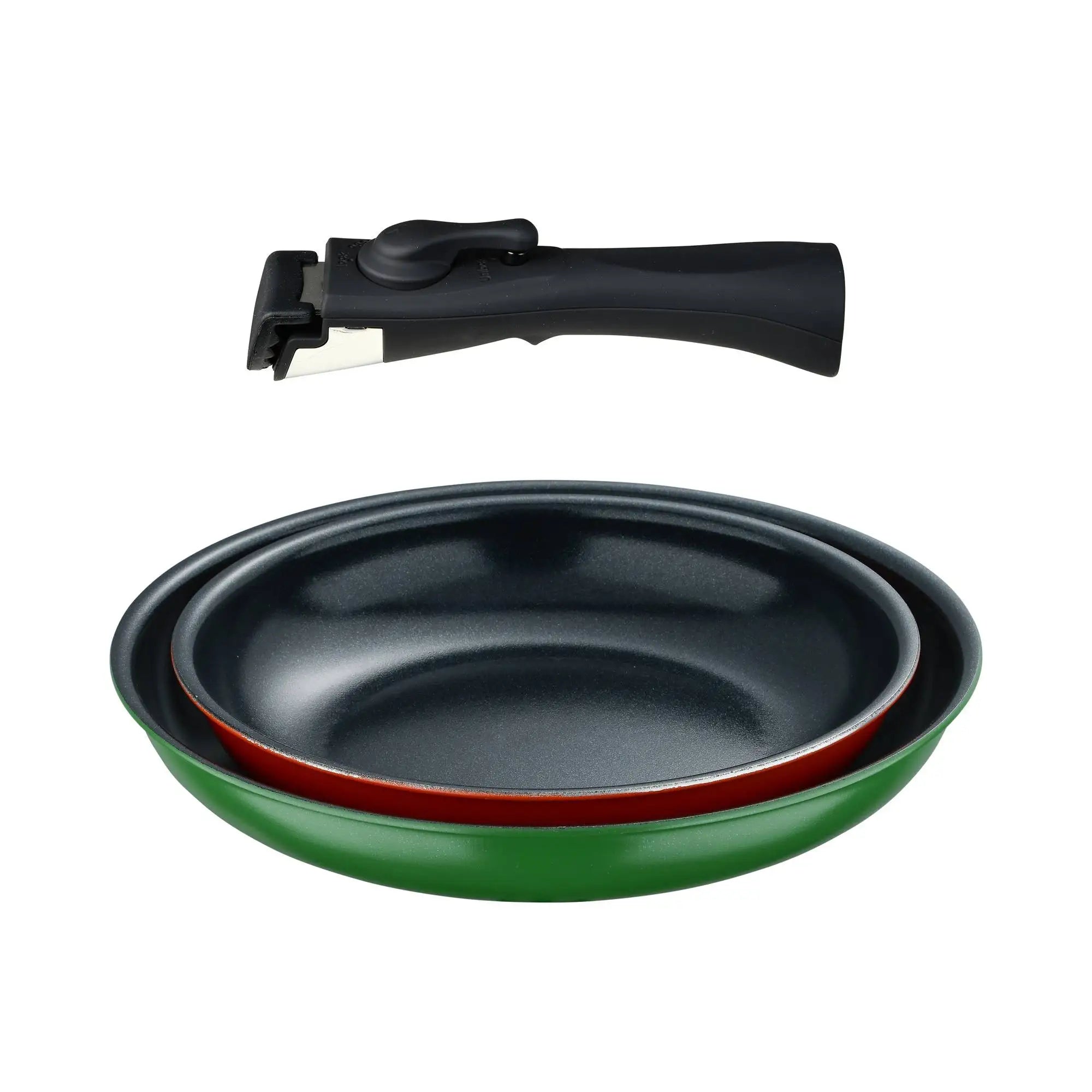 Juego de sartenes Bergner Click&Cook de 2 piezas, de Ø22 cm y Ø26 cm, con mango ergonómico desmontable, de aluminio prensado antiadherente, aptas para todo tipo de cocinas, incluida la de inducción, con diseño apilable que ahorra espacio.