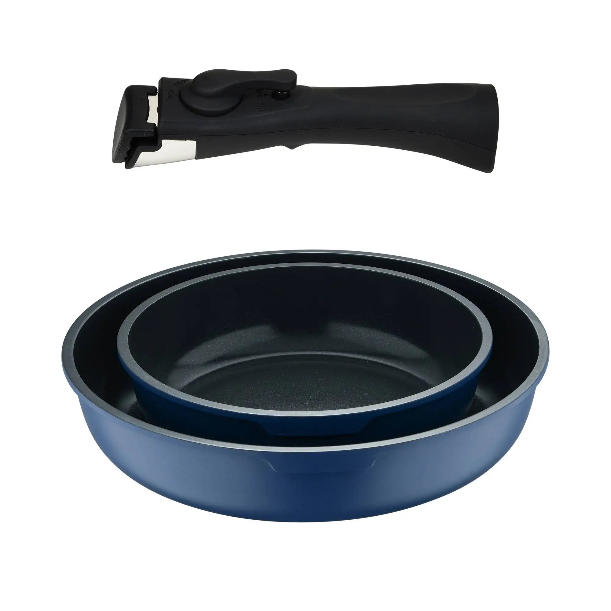 Juego de sartenes Bergner Click&Cook de 2 piezas, de Ø22 cm y Ø26 cm, con mango ergonómico desmontable, de aluminio prensado antiadherente, aptas para todo tipo de cocinas, incluida la de inducción, con diseño apilable que ahorra espacio.