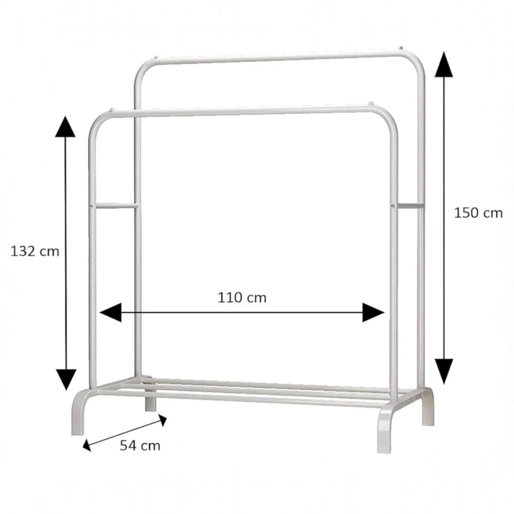 Perchero de pie Mikomika, perchero metálico con estructura en forma de A, doble barra y dos niveles de almacenamiento, soporta hasta 30 kg, disponible en negro o blanco, ideal para chaquetas, vestidos y más.