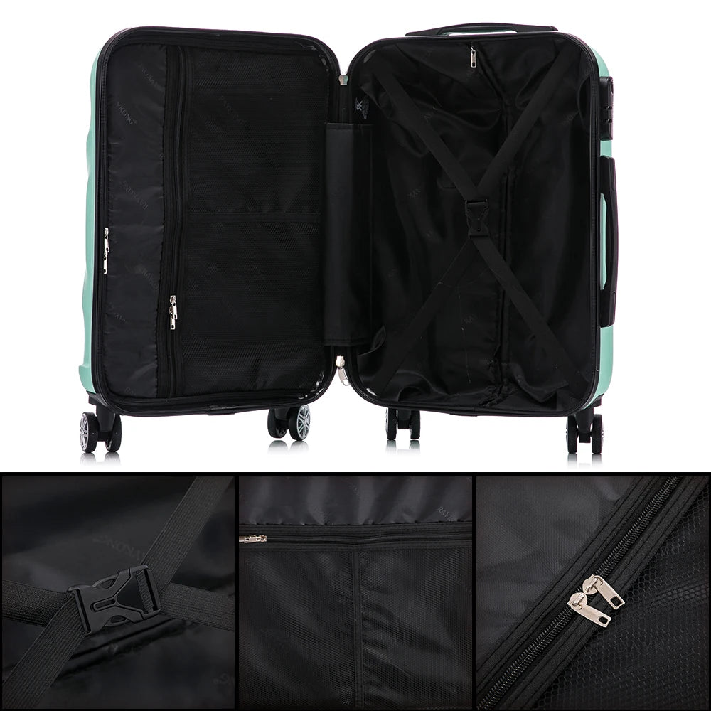 Juego de maletas rígidas de ABS de 4 piezas que incluye una maleta de cabina de 55 cm, una maleta mediana de 68 cm, una maleta grande de 78 cm y un neceser de 29 cm en varios colores, con ruedas giratorias de 360° para facilitar el transporte.