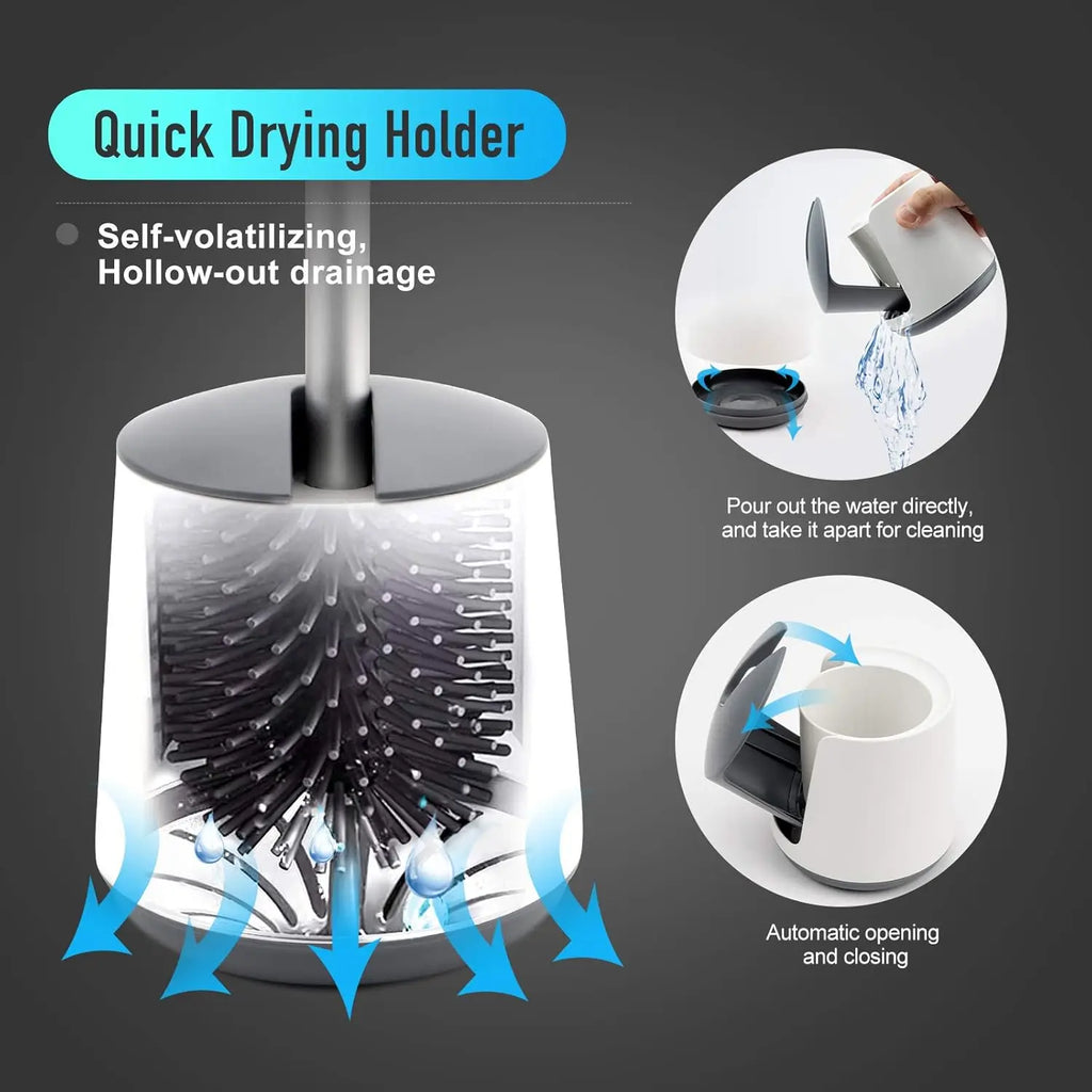 Juego de escobilla y soporte para inodoro, escobillas de silicona BIBURY con cabezal de limpieza de 360°, secado rápido y diseño higiénico, paquete de 2, cerdas suaves y flexibles para una limpieza eficaz del baño, blanco y gris.