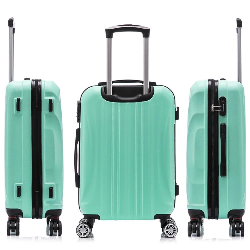 Juego de maletas rígidas de ABS de 4 piezas que incluye una maleta de cabina de 55 cm, una maleta mediana de 68 cm, una maleta grande de 78 cm y un neceser de 29 cm en varios colores, con ruedas giratorias de 360° para facilitar el transporte.