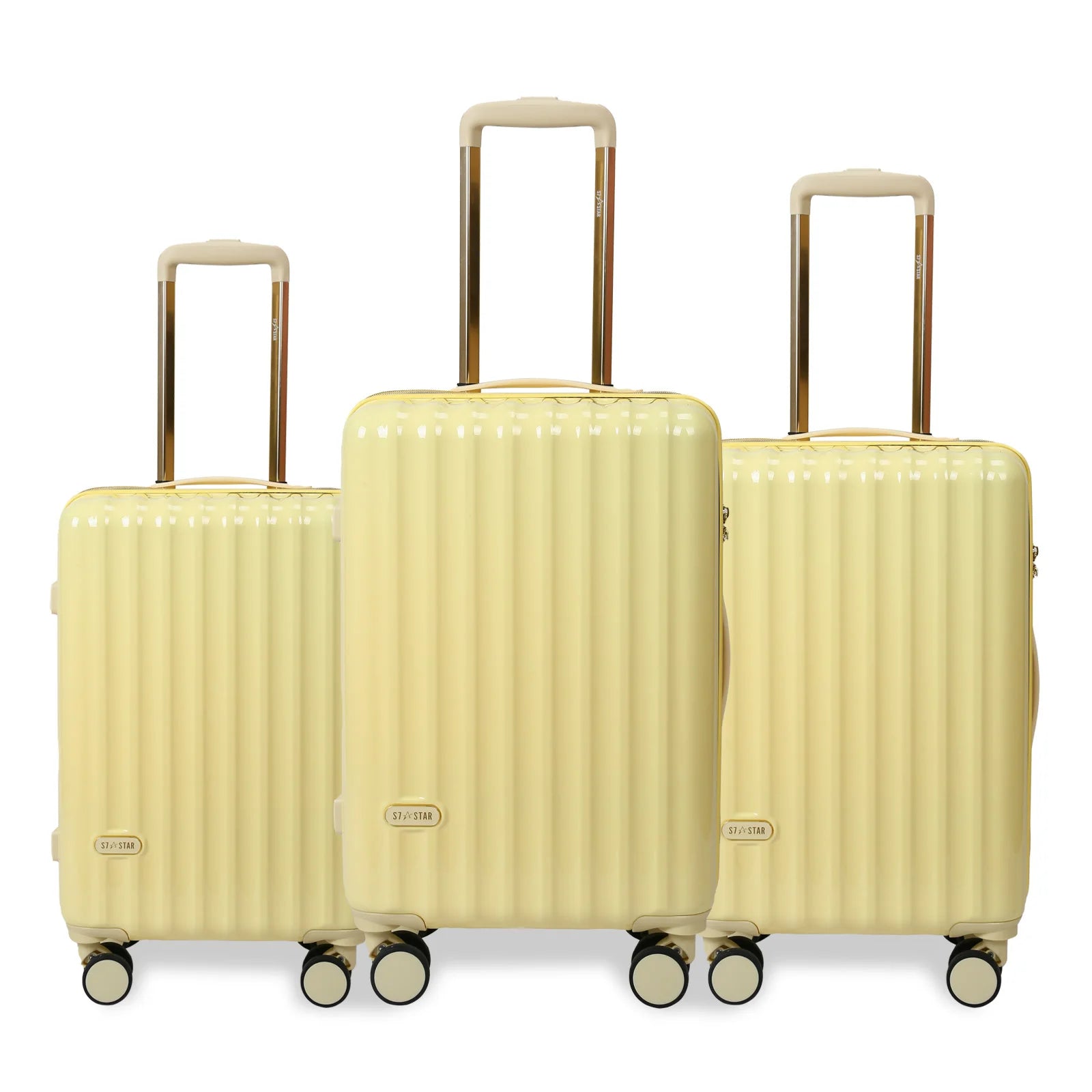 Juego de maletas S7 STAR de 3 piezas, maletas rígidas de policarbonato duraderas con 4 ruedas giratorias silenciosas, tamaño cabina 20in + 24in + 28in, diseño moderno para viajes, certificado CE.
