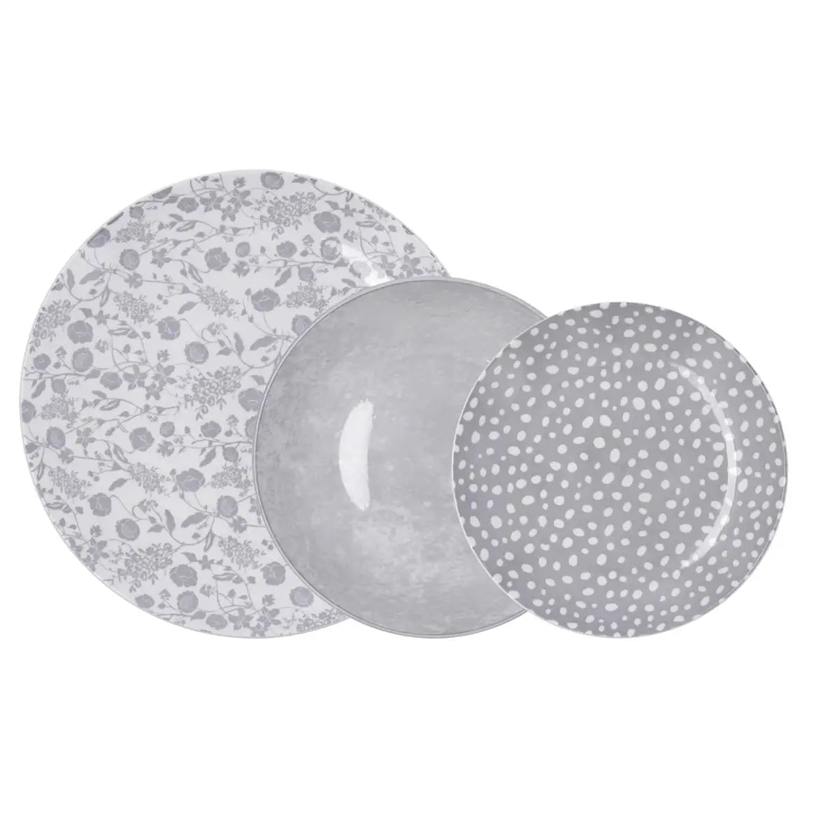 Vajilla de porcelana Bidasoa Aquilea: juegos de 12 y 18 piezas en gris, rosa y azul. Duradera, apta para lavavajillas y microondas, con un diseño atemporal para una mesa elegante.