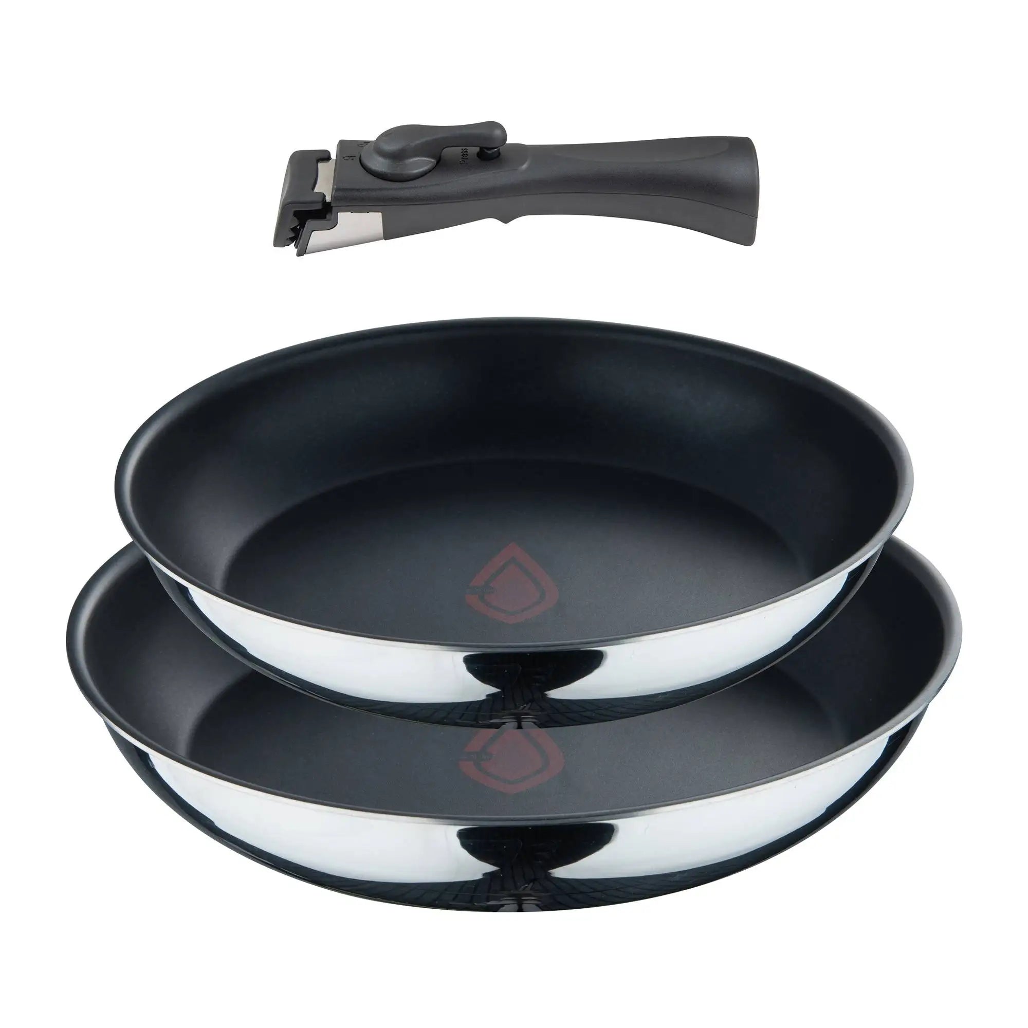 Juego de sartenes Bergner Click&Cook de 2 piezas, de Ø22 cm y Ø26 cm, con mango ergonómico desmontable, de aluminio prensado antiadherente, aptas para todo tipo de cocinas, incluida la de inducción, con diseño apilable que ahorra espacio.
