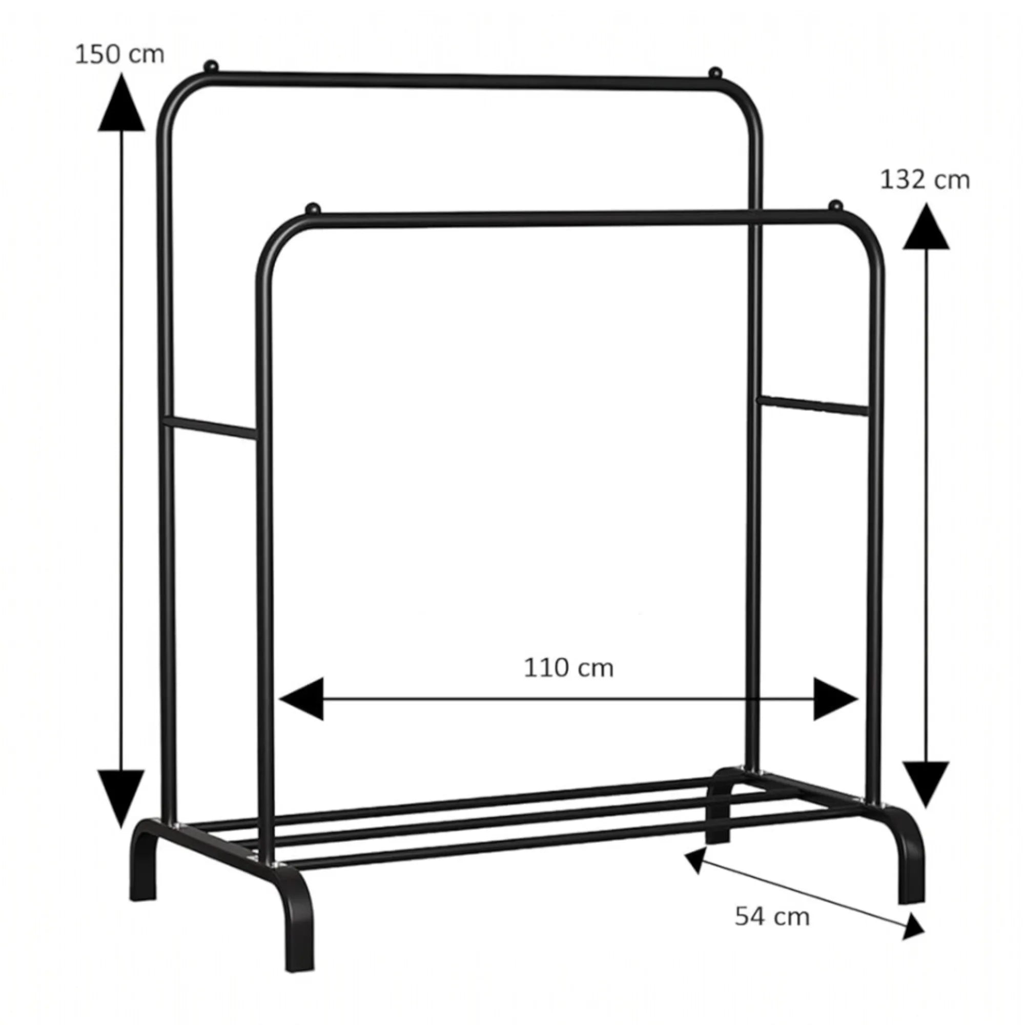 Perchero de pie Mikomika, perchero metálico con estructura en forma de A, doble barra y dos niveles de almacenamiento, soporta hasta 30 kg, disponible en negro o blanco, ideal para chaquetas, vestidos y más.