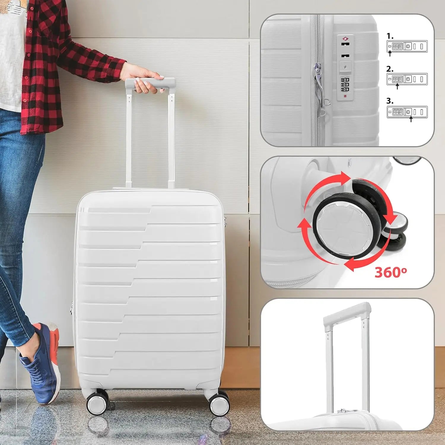Maletas de viaje rígidas con ruedas, equipaje de mano, maleta de cabina rígida de polipropileno con 4 ruedas dobles de 360° y cierre combinado, maletas de viaje pequeñas y grandes.