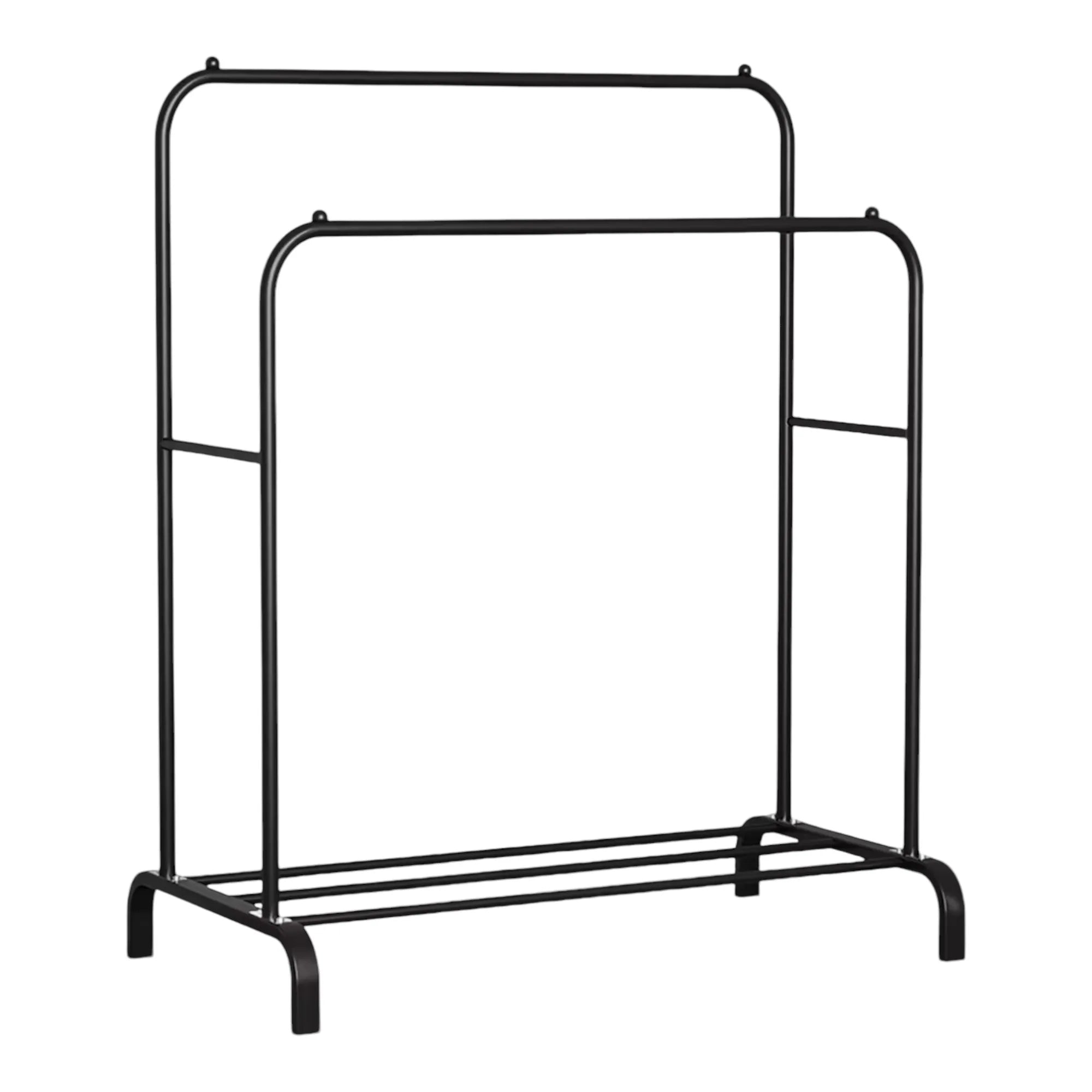 Perchero de pie Mikomika, perchero metálico con estructura en forma de A, doble barra y dos niveles de almacenamiento, soporta hasta 30 kg, disponible en negro o blanco, ideal para chaquetas, vestidos y más.