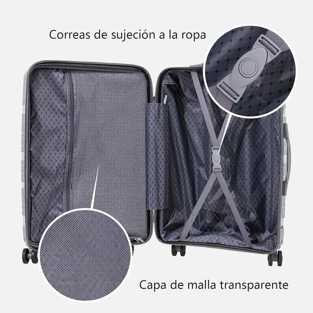Maleta de cabina Artree: fabricada en polipropileno resistente con diseño impermeable, disponible en varios tamaños (L 75x50x32 cm, XS 48x35x20 cm) y equipada con 4 ruedas giratorias de 360°, ideal para viajes organizados.