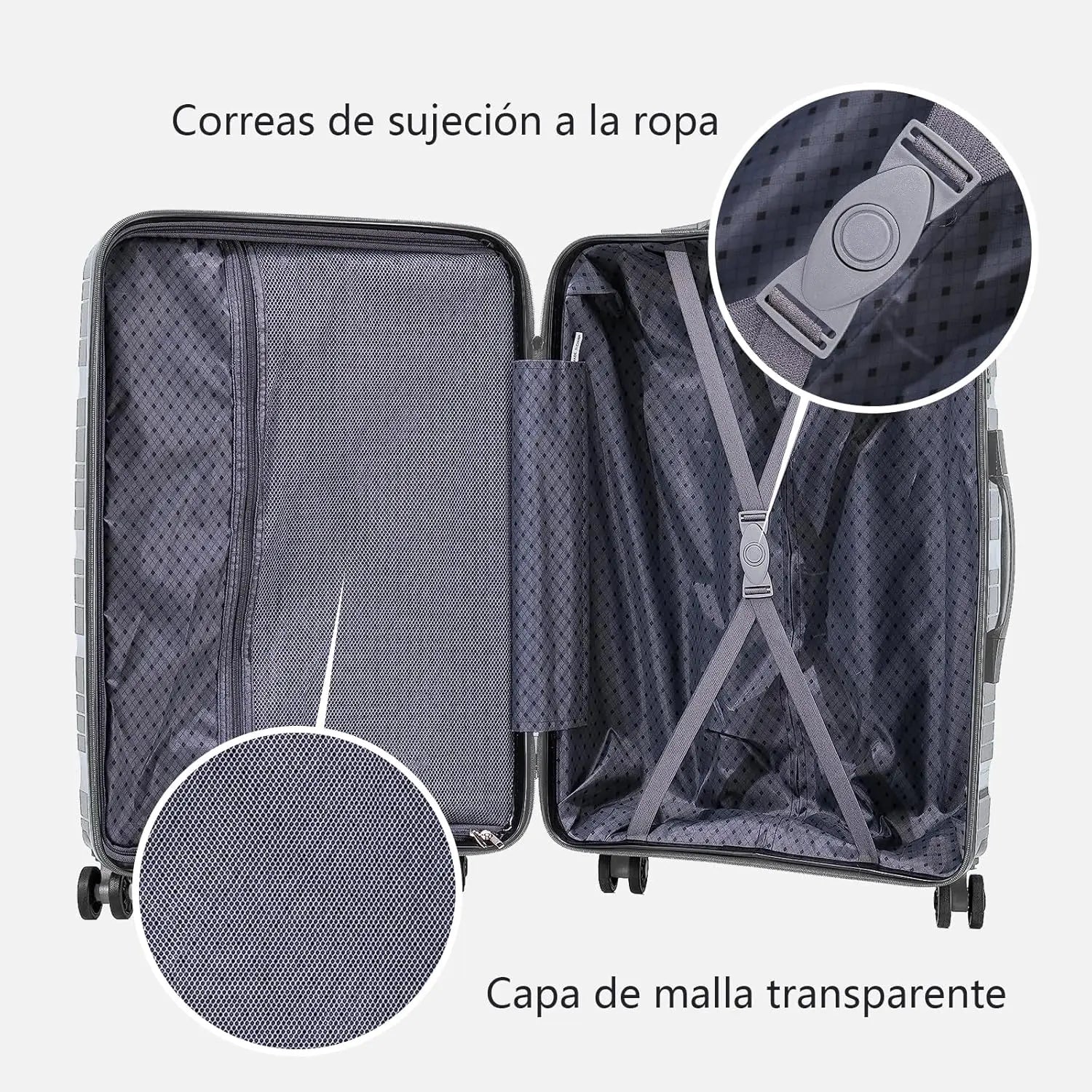 Maleta de cabina Artree: fabricada en polipropileno resistente con diseño impermeable, disponible en varios tamaños (L 75x50x32 cm, XS 48x35x20 cm) y equipada con 4 ruedas giratorias de 360°, ideal para viajes organizados.
