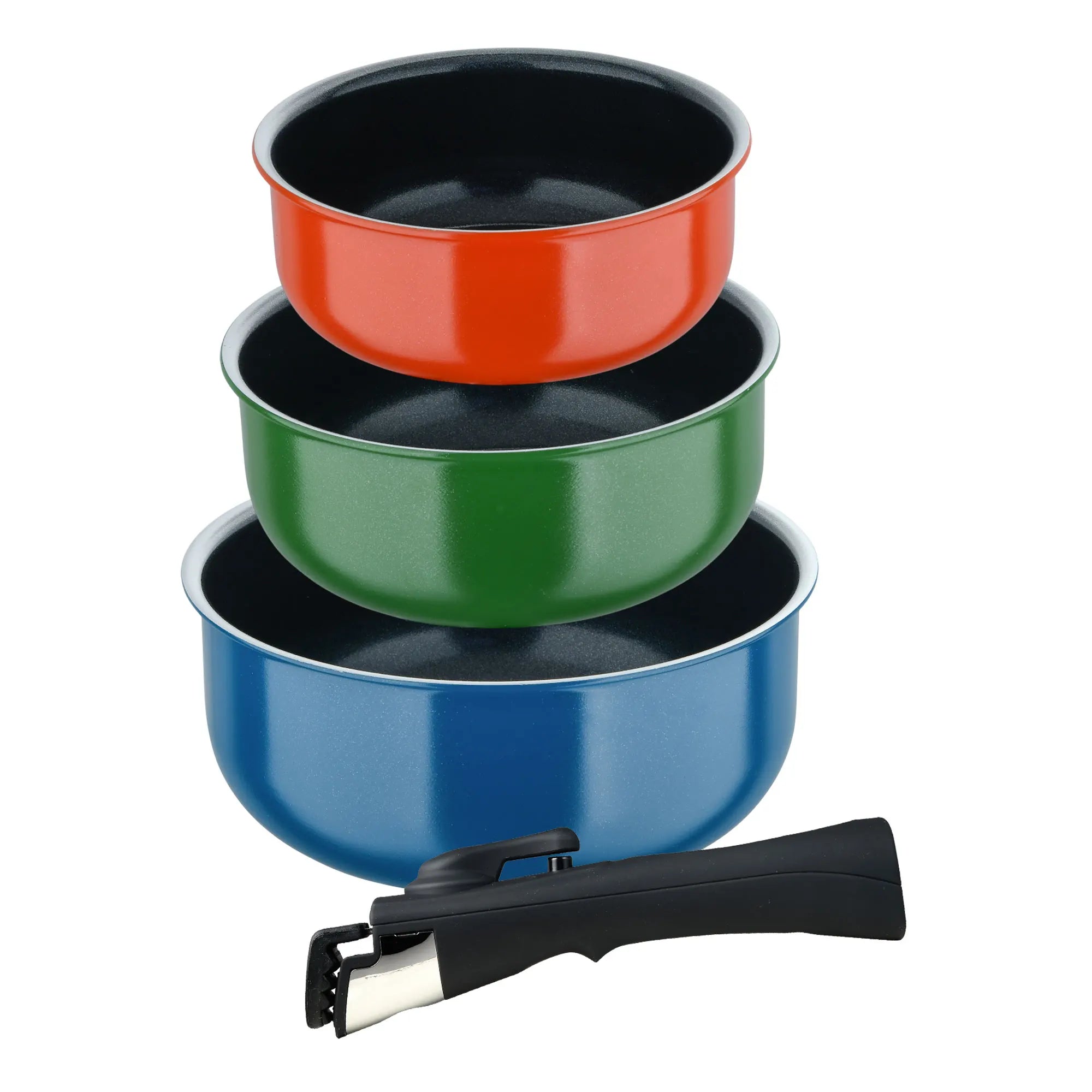 Juego de sartenes Bergner Click&Cook de 2 piezas, de Ø22 cm y Ø26 cm, con mango ergonómico desmontable, de aluminio prensado antiadherente, aptas para todo tipo de cocinas, incluida la de inducción, con diseño apilable que ahorra espacio.