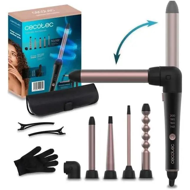 Rizador de pelo multicabezal Cecotec Surfcare Multiwaves, 5 cabezales, revestimiento cerámico, temperatura regulable de 140 a 200º, guante térmico, estuche, 2 pinzas, cabezal especial de 90º.