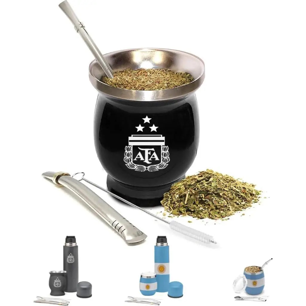 Aurum® Mate Argentino, set moderno completo con yerba mate, bombilla y calabaza, con termo de acero inoxidable para agua caliente. Ideal para disfrutar del mate tradicional en cualquier lugar, perfecto para compartir.