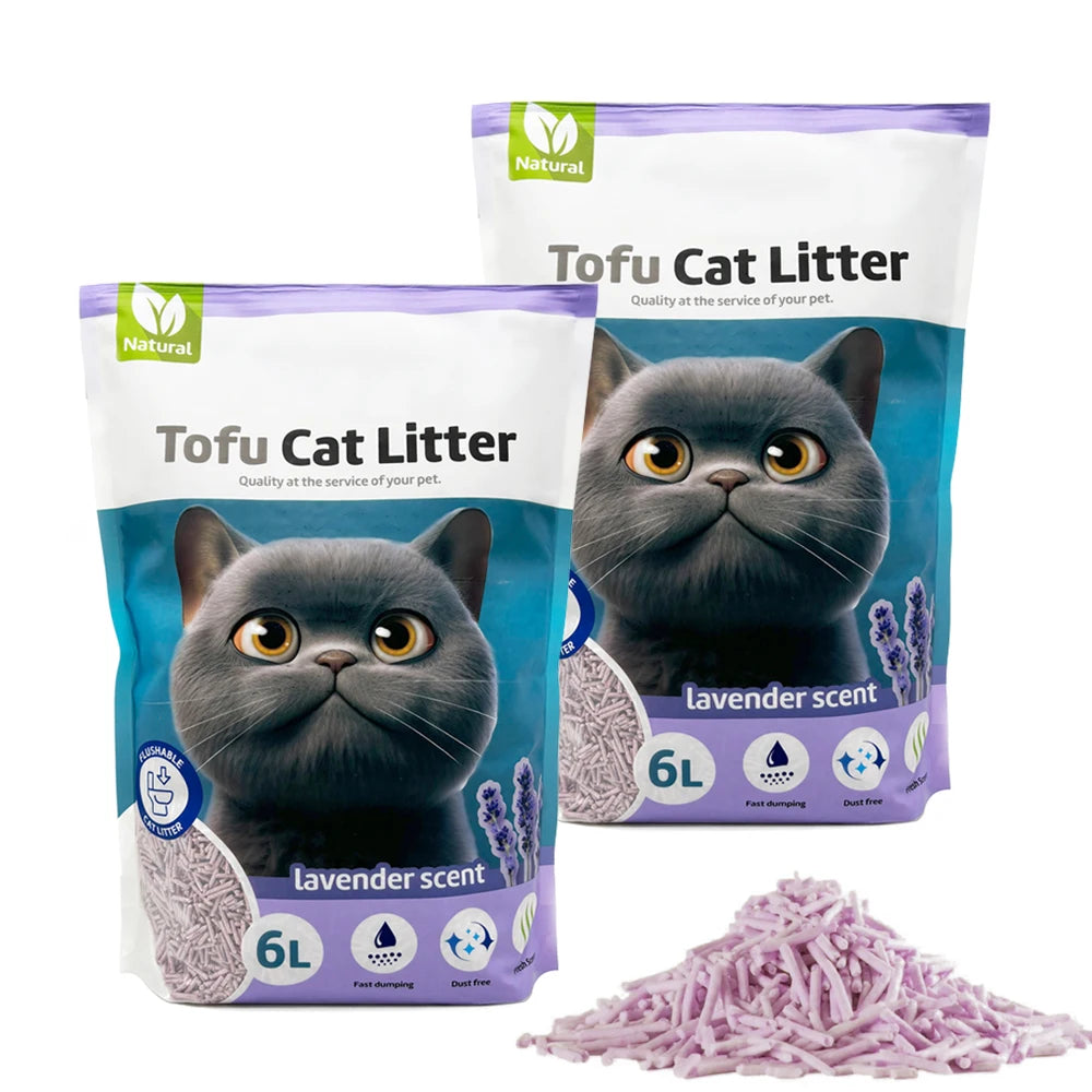 Arena aglutinante para gatos, arena de tofu sin gatos, fácil de aglomerar, controla los olores, lanzada en el inodoro, sabor a lavanda bps-15458