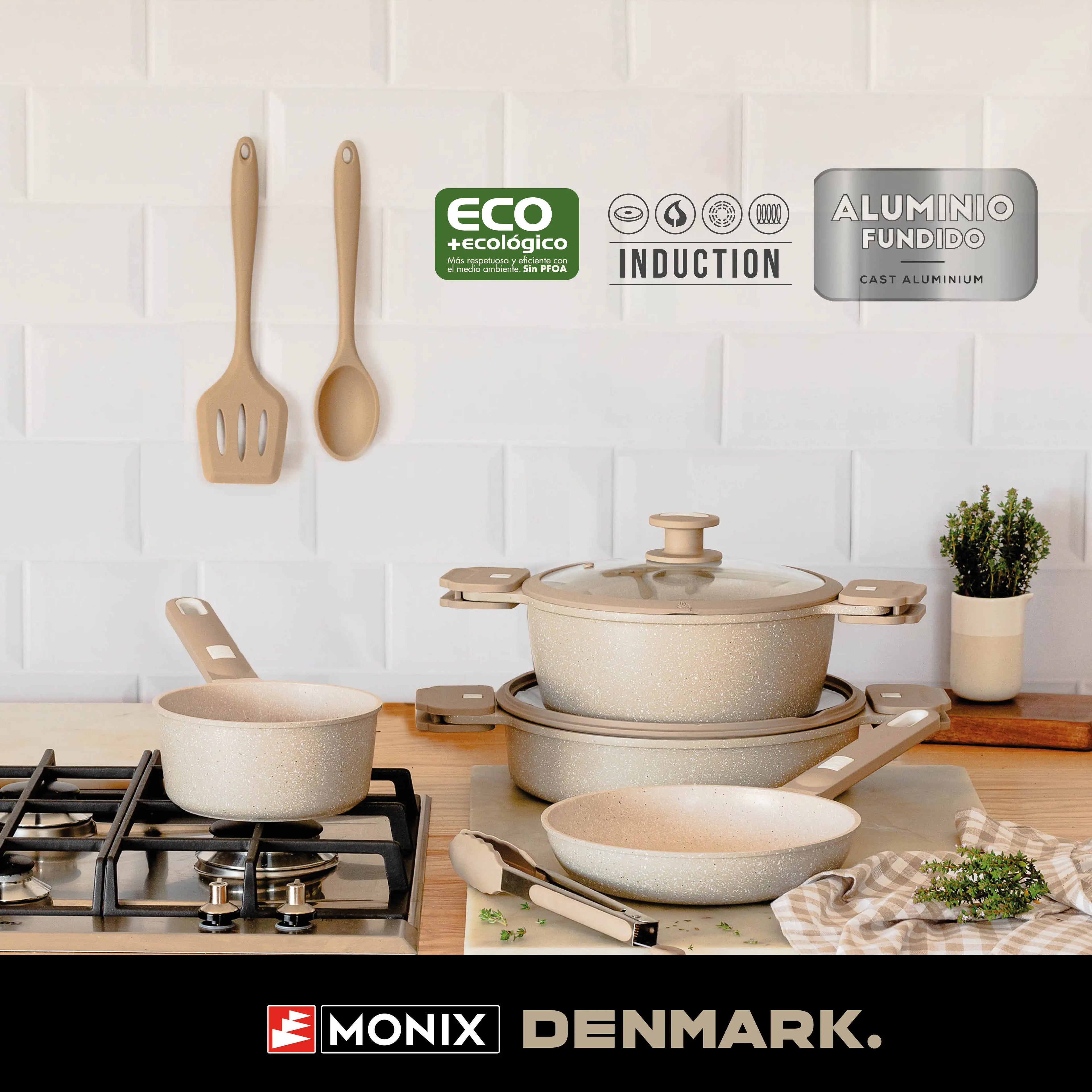 Juego de utensilios de cocina Monix Denmark de 9 piezas, fabricado en aluminio forjado antiadherente con asas desmontables, apto para inducción y horno, diseño moderno con revestimiento libre de PFOA, perfecto para la cocina diaria.