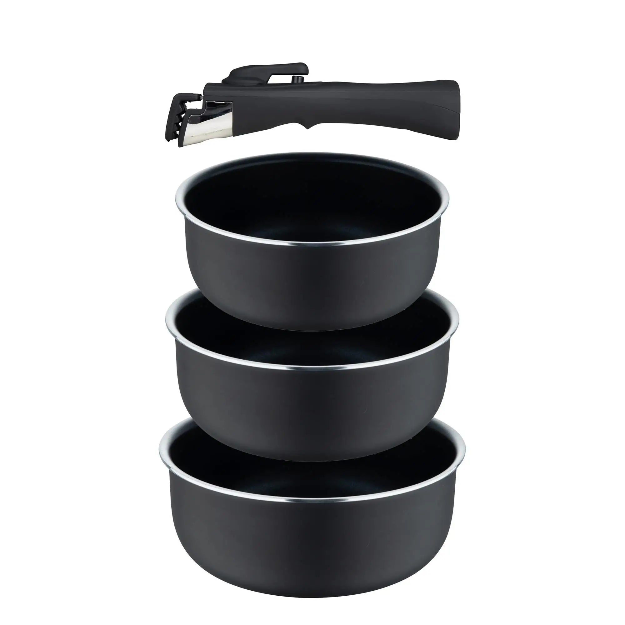 Juego de sartenes Bergner Click&Cook de 2 piezas, de Ø22 cm y Ø26 cm, con mango ergonómico desmontable, de aluminio prensado antiadherente, aptas para todo tipo de cocinas, incluida la de inducción, con diseño apilable que ahorra espacio.