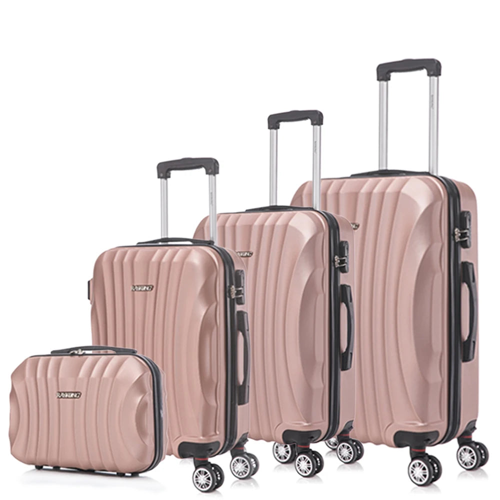 Juego de maletas rígidas de ABS de 4 piezas que incluye una maleta de cabina de 55 cm, una maleta mediana de 68 cm, una maleta grande de 78 cm y un neceser de 29 cm en varios colores, con ruedas giratorias de 360° para facilitar el transporte.