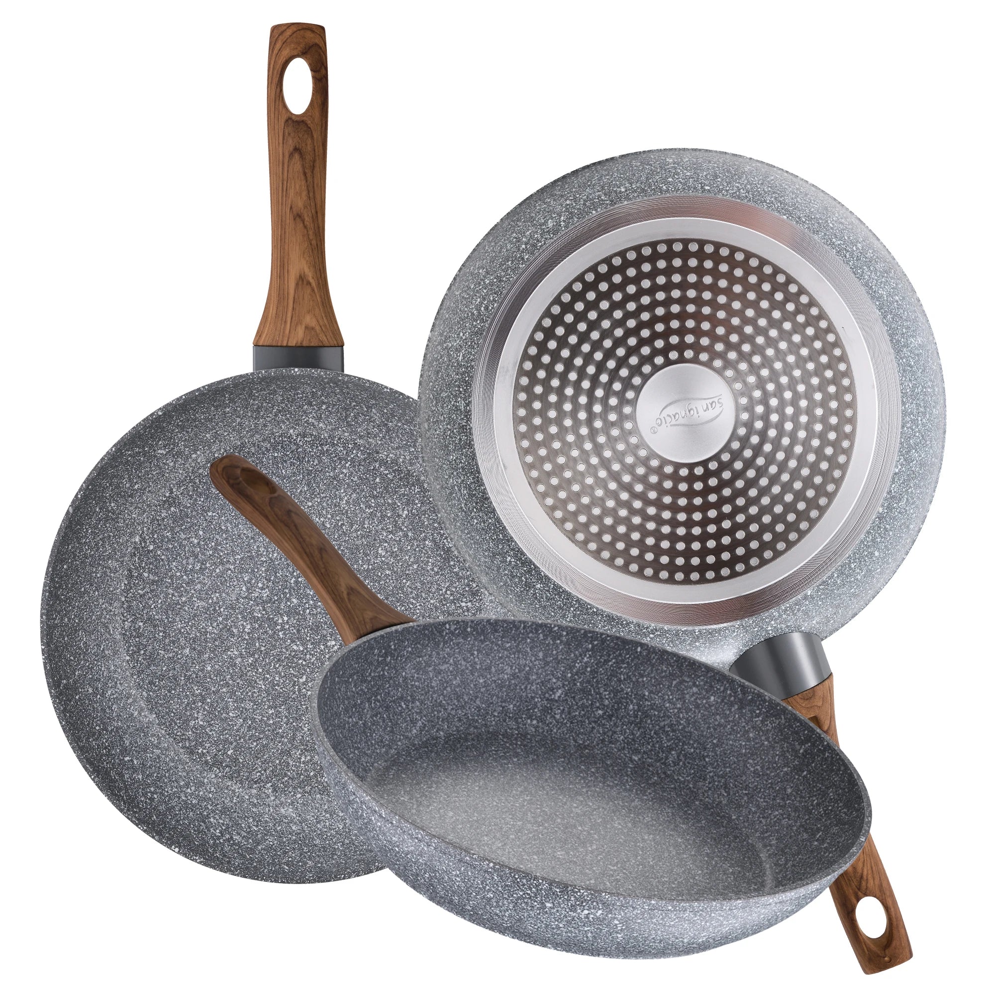 Juego de utensilios de cocina San Ignacio de 8 piezas en acero inoxidable para inducción, que incluye 4 ollas con tapas de vidrio (1,9 L-5,1 L) y 3 sartenes antiadherentes (Ø22-26 cm), perfectas para cocinar de manera eficiente y duradera.