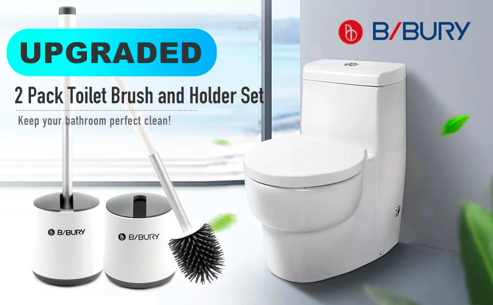Juego de escobilla y soporte para inodoro, escobillas de silicona BIBURY con cabezal de limpieza de 360°, secado rápido y diseño higiénico, paquete de 2, cerdas suaves y flexibles para una limpieza eficaz del baño, blanco y gris.