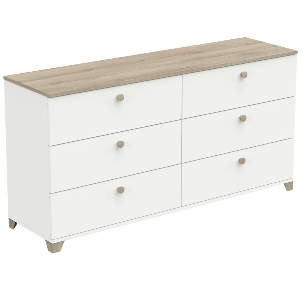 Cómoda Izzy en blanco mate y roble Kronberg, 150x77cm, estilo nórdico para dormitorio.