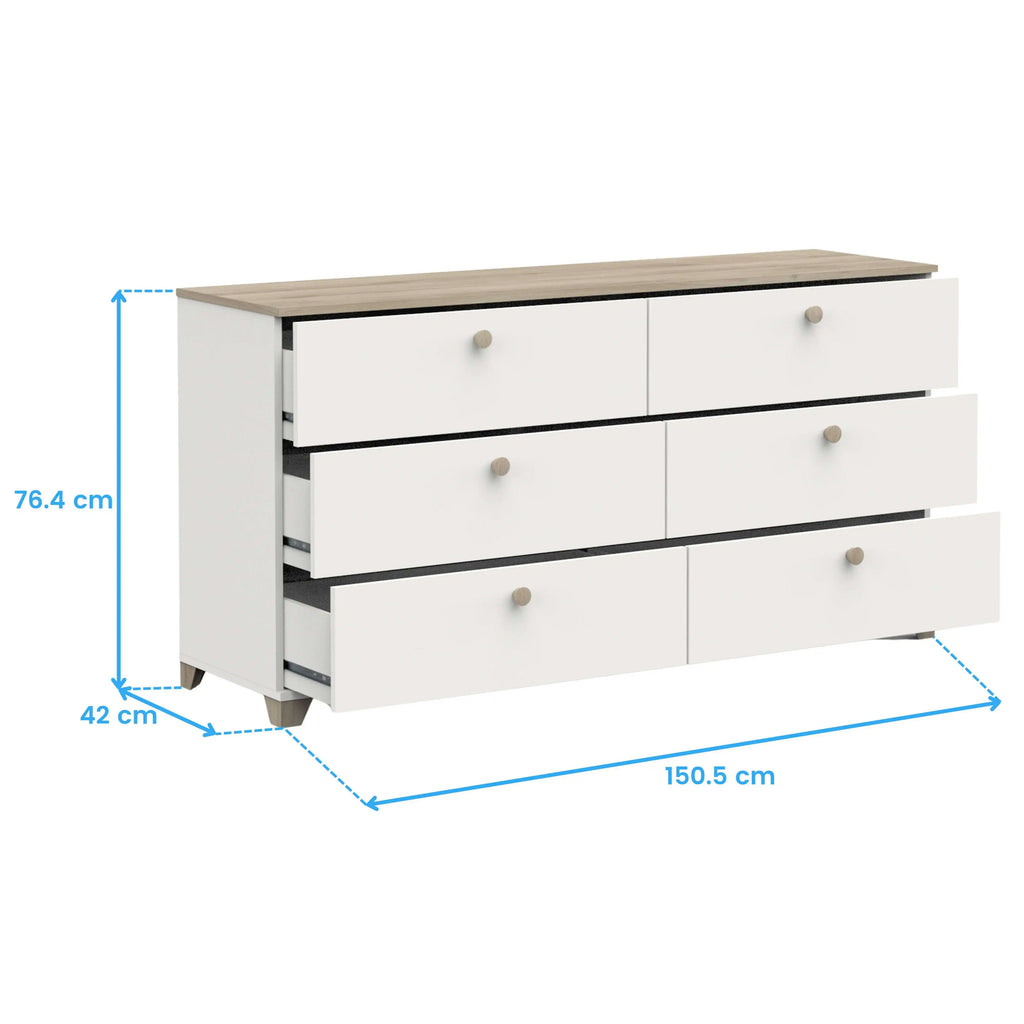 Cómoda Izzy en blanco mate y roble Kronberg, 150x77cm, estilo nórdico para dormitorio.