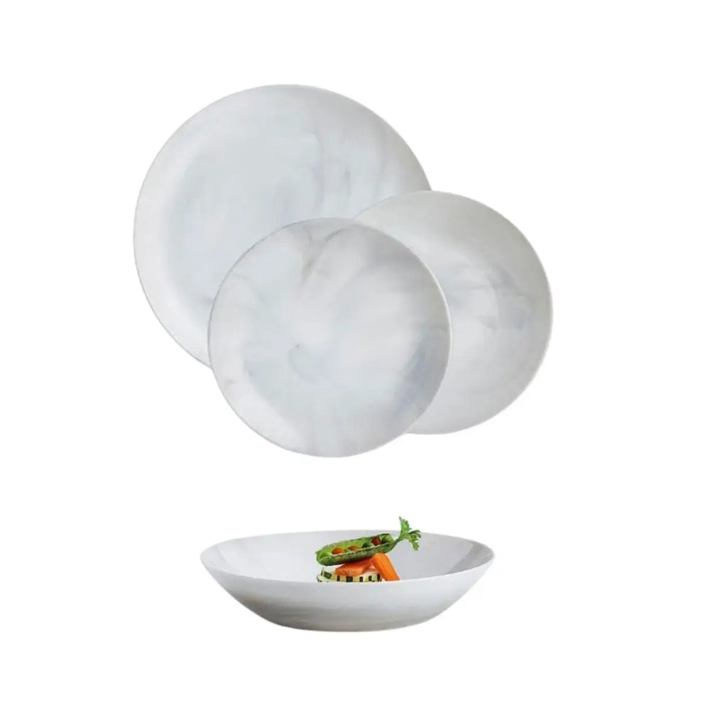Juego de vajilla Diwali Grant Marb de 18 piezas de Luminarc, fabricado en vidrio opalino duradero, incluye 6 platos llanos (25 cm), 6 platos hondos (20 cm) y 6 platos de postre (19 cm), apto para microondas y lavavajillas, perfecto para cenas elegantes.