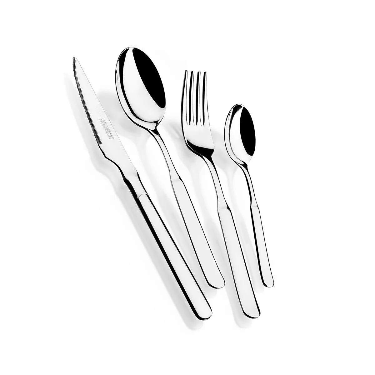 Monix Milan - Juego de cubiertos de acero inoxidable de 24 piezas con cuchillo de mesa, material 18/10, acabado pulido espejo, 2,5 mm de grosor para 6 personas, apto para lavavajillas, diseño contemporáneo.