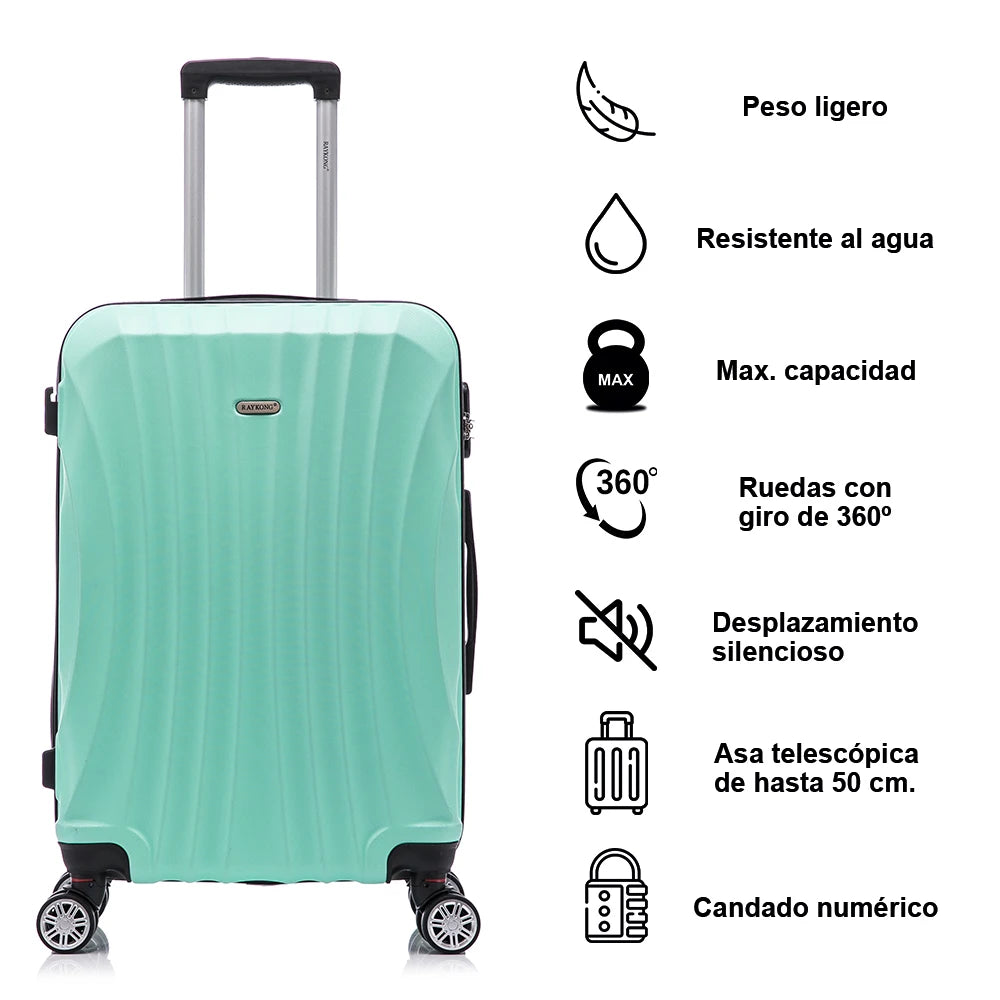 Juego de maletas rígidas de ABS de 4 piezas que incluye una maleta de cabina de 55 cm, una maleta mediana de 68 cm, una maleta grande de 78 cm y un neceser de 29 cm en varios colores, con ruedas giratorias de 360° para facilitar el transporte.