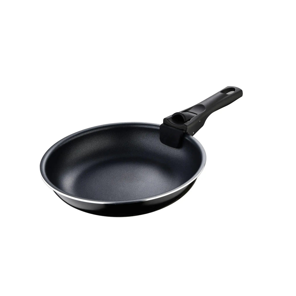 Juego de sartenes Bergner Click&Cook de 2 piezas, de Ø22 cm y Ø26 cm, con mango ergonómico desmontable, de aluminio prensado antiadherente, aptas para todo tipo de cocinas, incluida la de inducción, con diseño apilable que ahorra espacio.