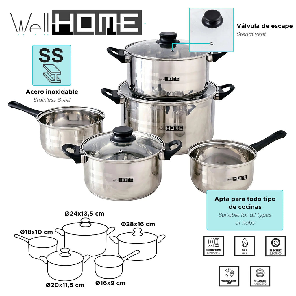 Juego de ollas y sartenes Well Home de 8 piezas en acero inoxidable con 6 utensilios de cocina de PBT, mangos ergonómicos, compatible con inducción, diseño antiadherente, ideal para todo tipo de cocinas.