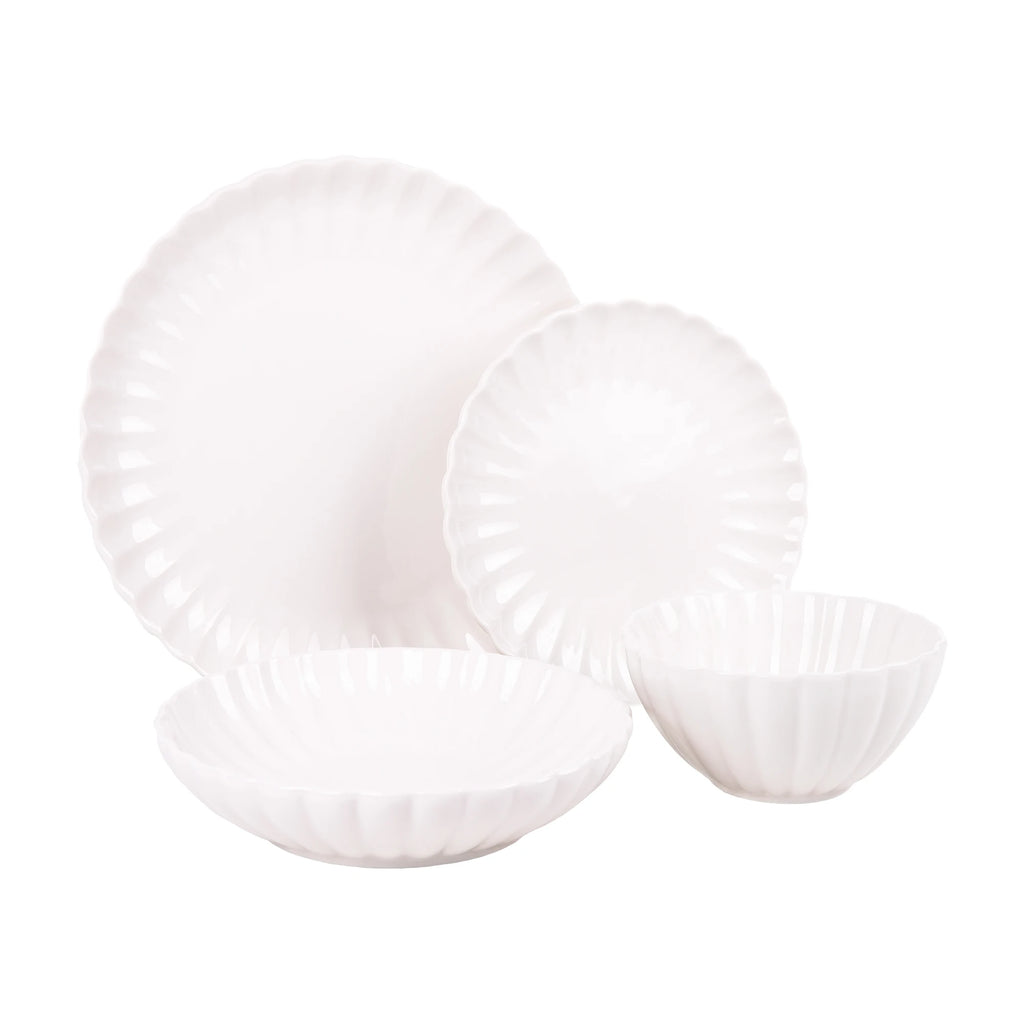 Juego de vajilla de porcelana esmaltada Cofan de 16 piezas, color blanco, con diseño en relieve, apto para lavavajillas, microondas y horno, ideal para uso diario u ocasiones especiales.
