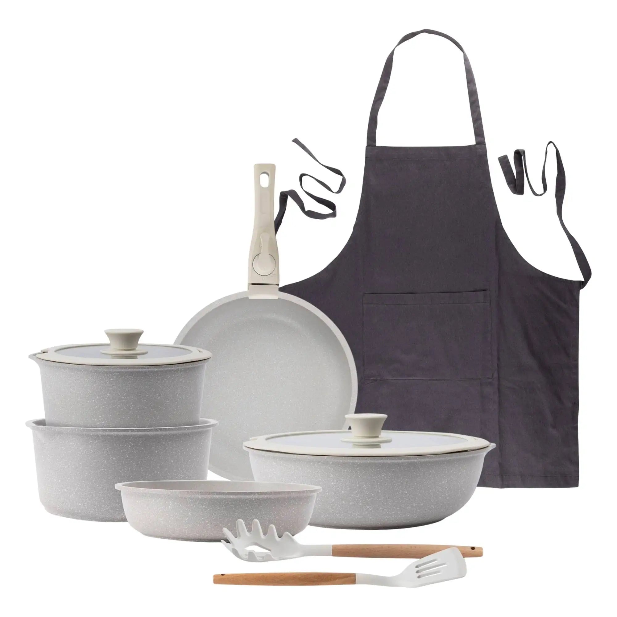 10 piezas, color beige/con mango extraíble: 3 sartenes, 2 ollas, tapas y utensilios + delantal de cocina gris oscuro, 100% algodón, 75x80cm.