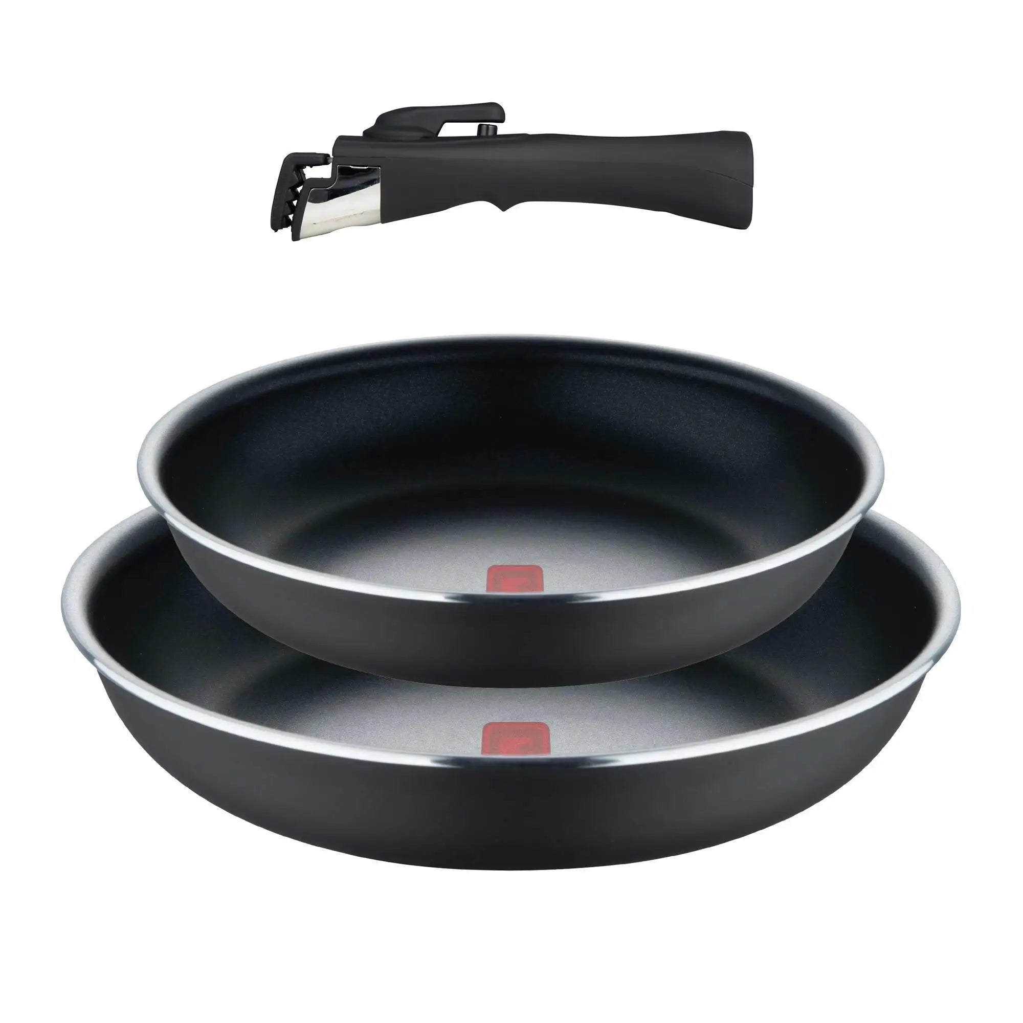 Juego de sartenes Bergner Click&Cook de 2 piezas, de Ø22 cm y Ø26 cm, con mango ergonómico desmontable, de aluminio prensado antiadherente, aptas para todo tipo de cocinas, incluida la de inducción, con diseño apilable que ahorra espacio.